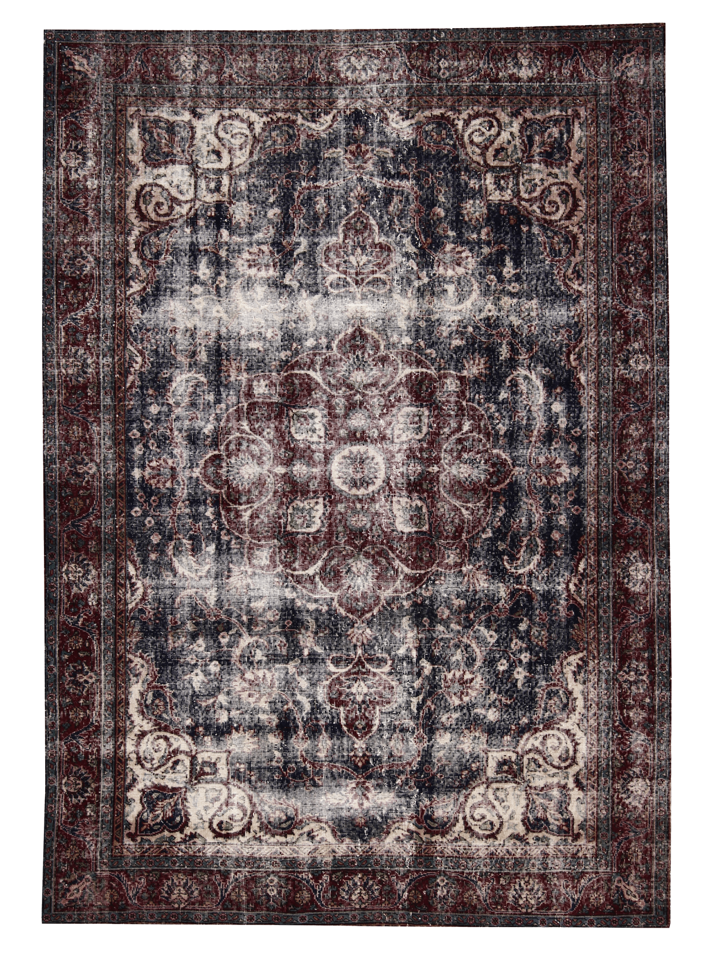 Distressed Persian Kashan Carpet in Deep Red & Navy — No. 134