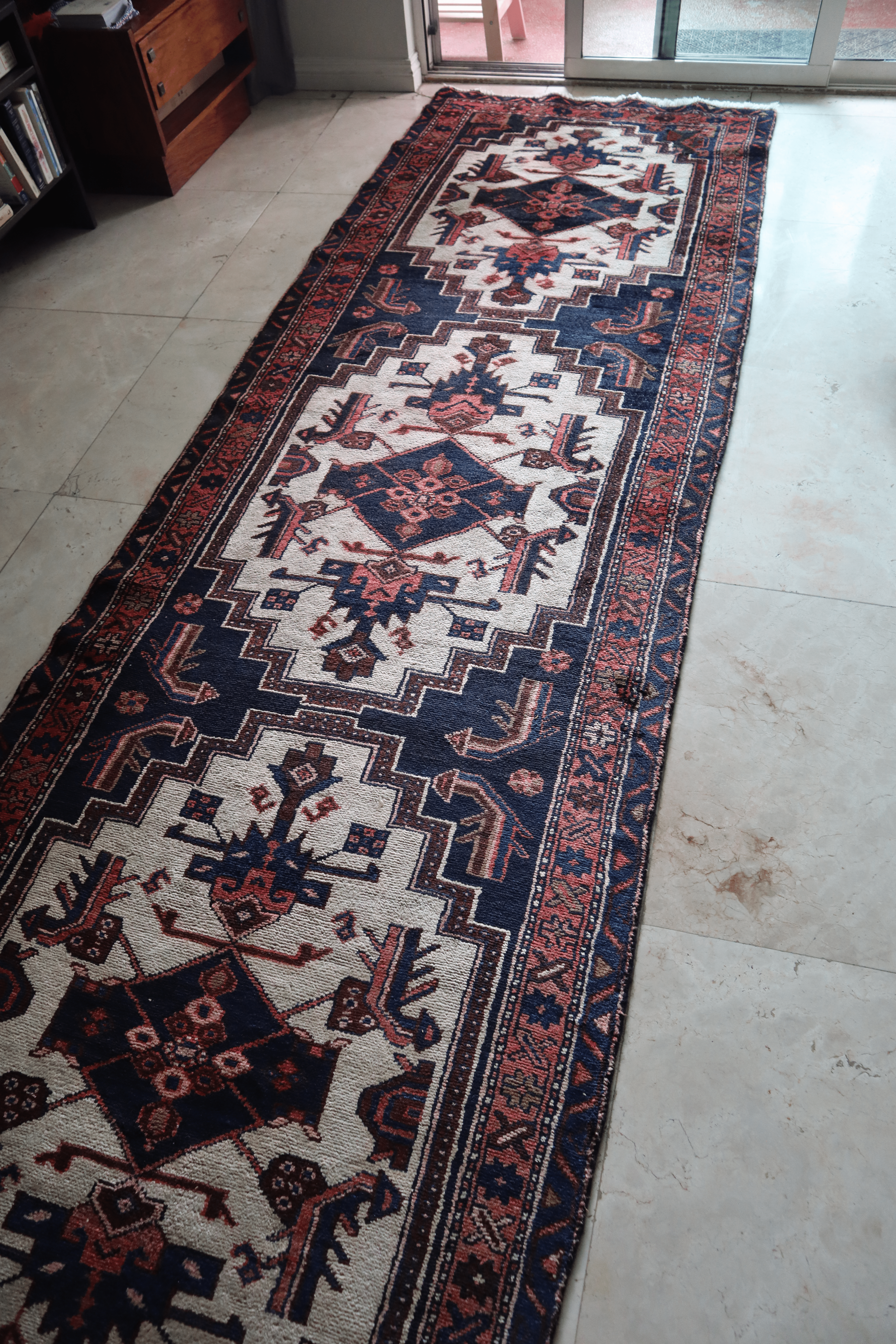 Northwest Persian Village Runner — Ivory & Indigo Stepped Medallions — No. 155