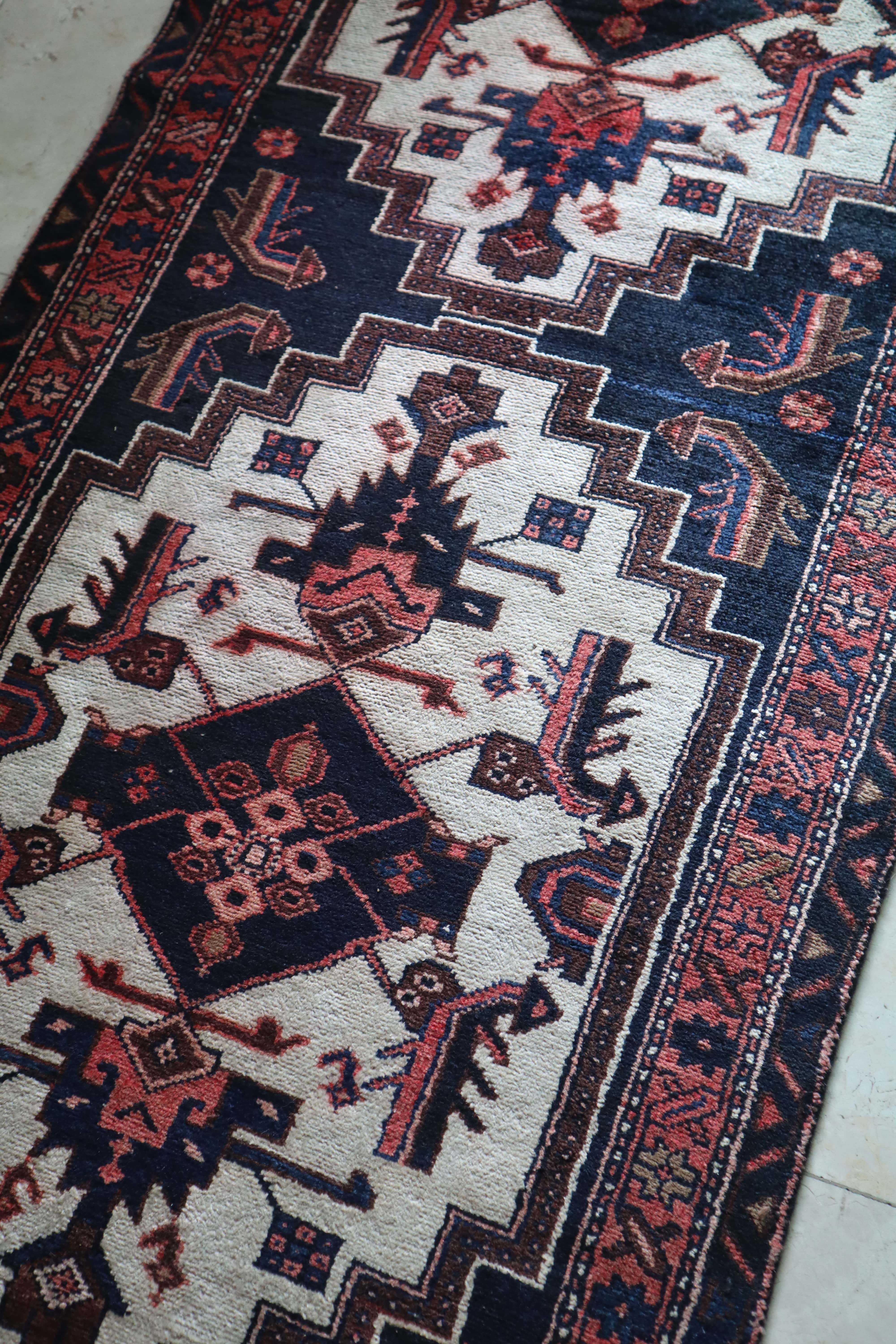 Northwest Persian Village Runner — Ivory & Indigo Stepped Medallions — No. 155