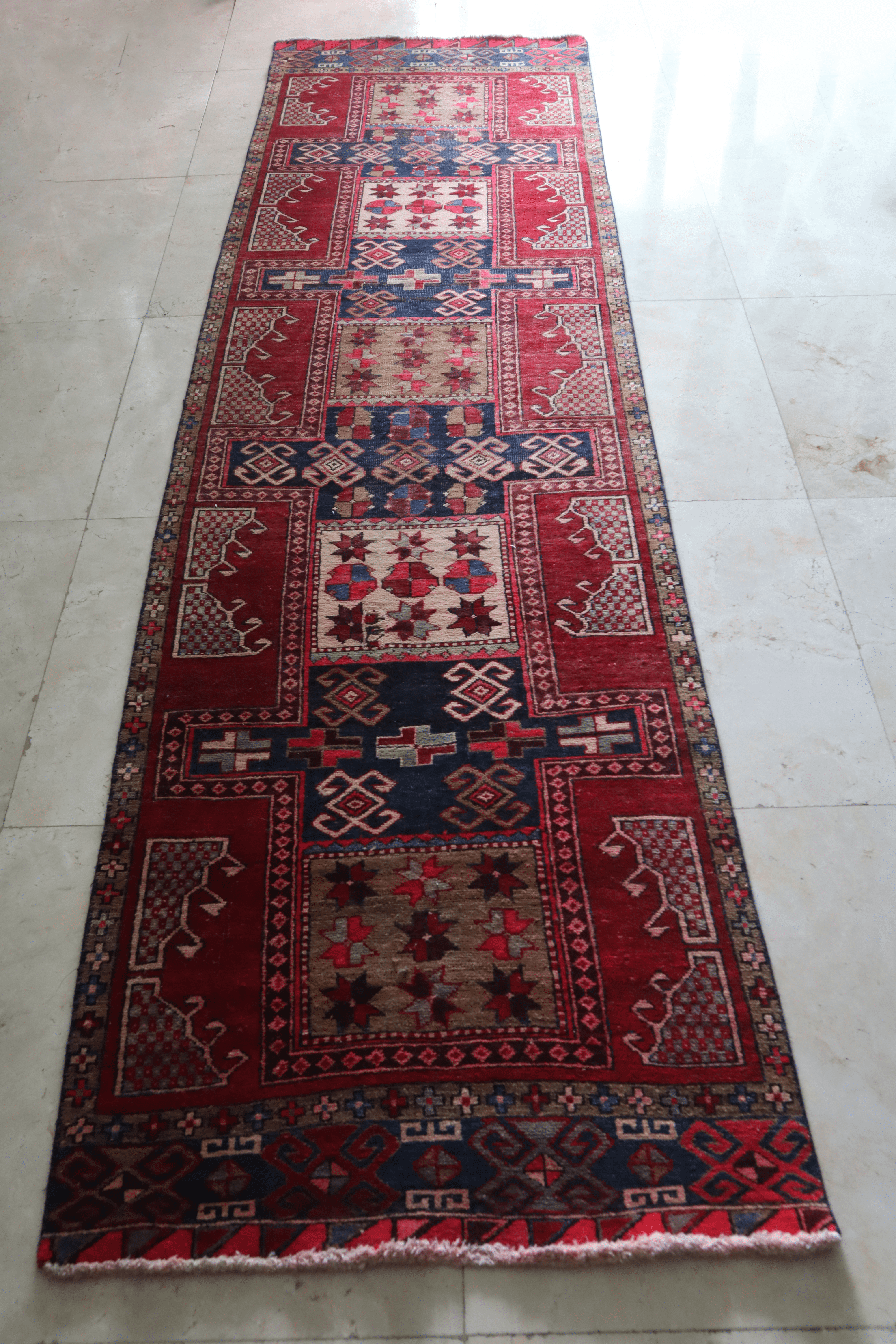 Vintage Persian Kurdish Runner — Rare Star & Compartment Design — No. 156