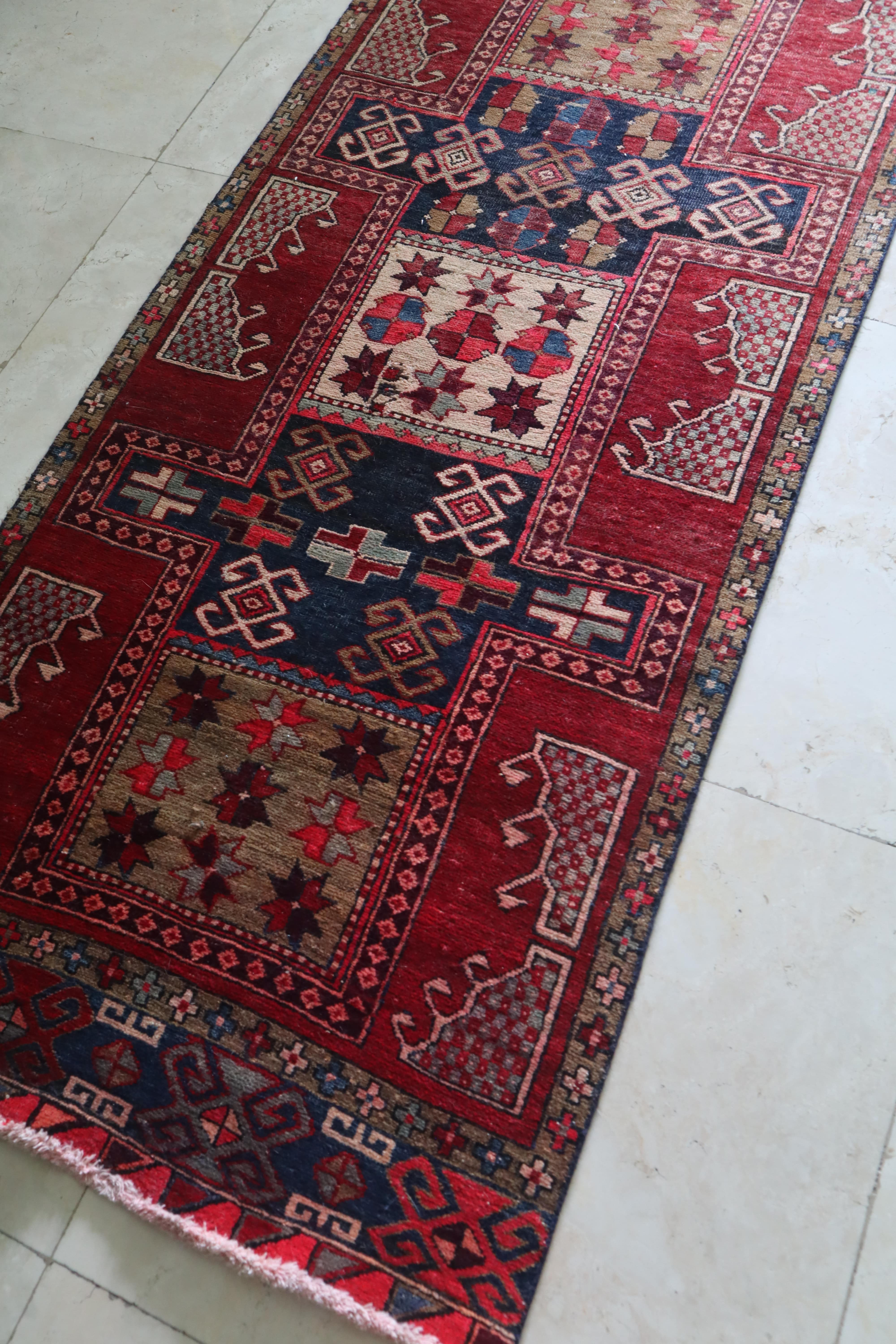 Vintage Persian Kurdish Runner — Rare Star & Compartment Design — No. 156