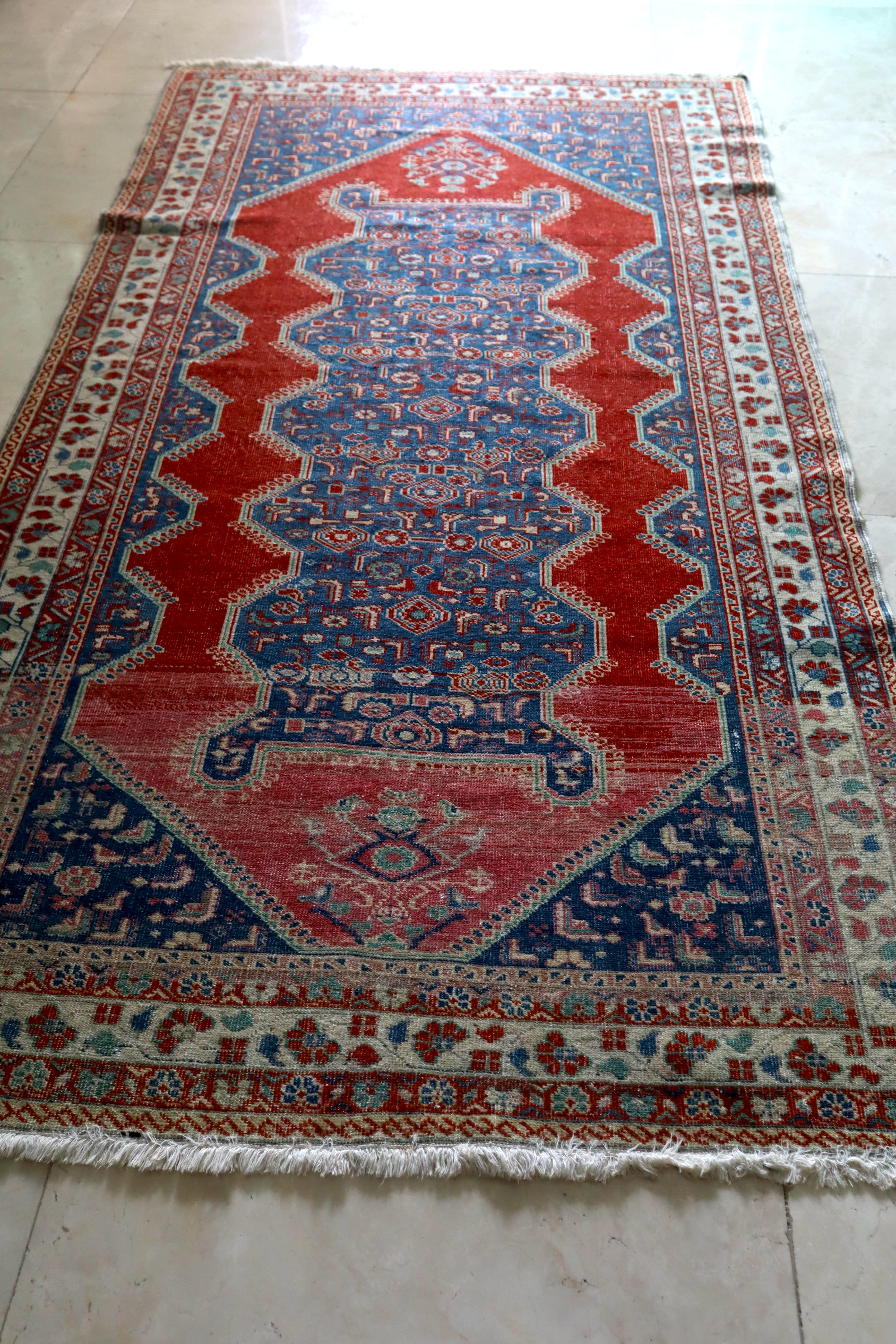 Vintage Persian Stepped Medallion Rug — Bold Red & Indigo Geometry — No. 160