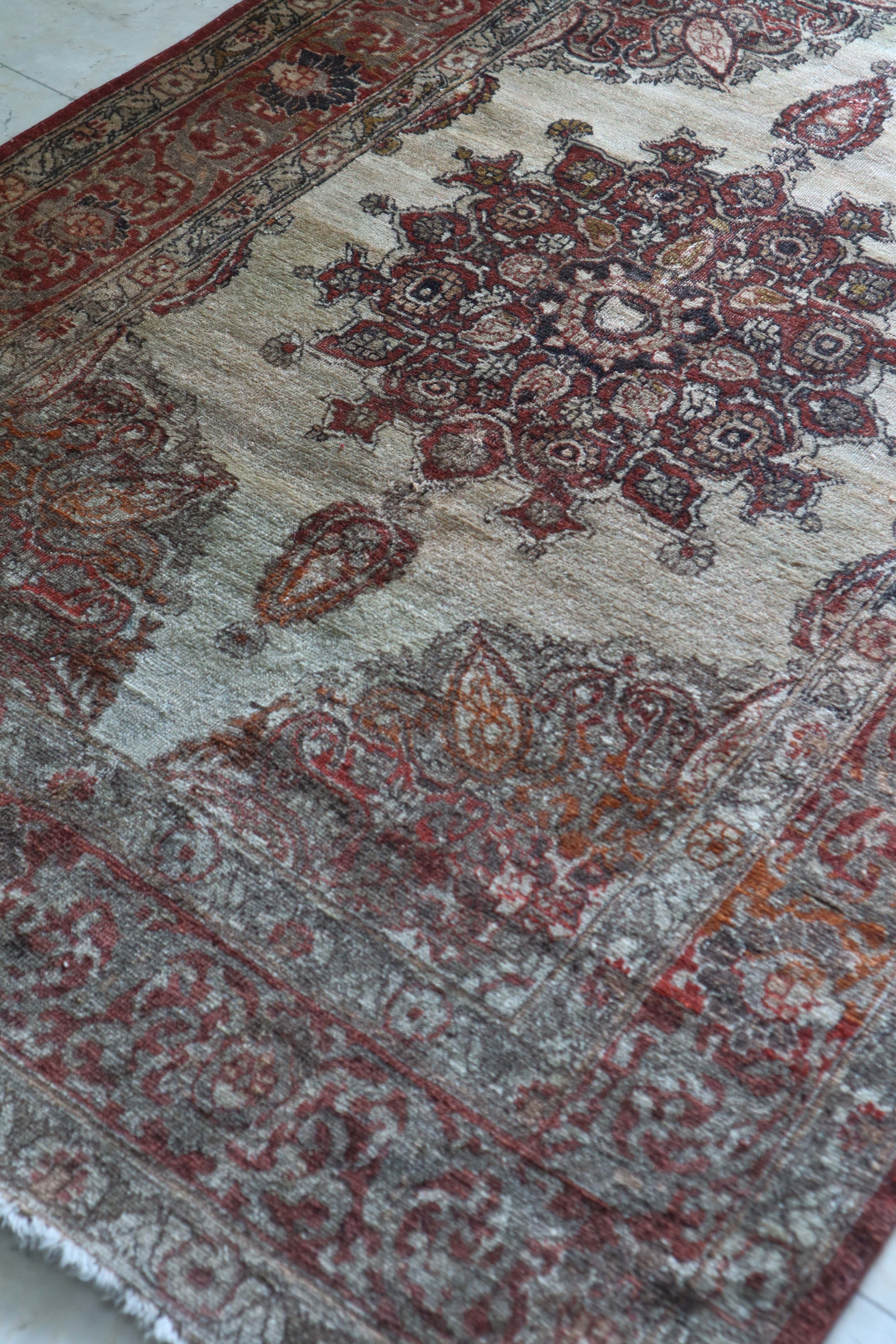 Vintage Persian Rug — Faded Ivory Medallion with Rust & Sage Tones — No. 158