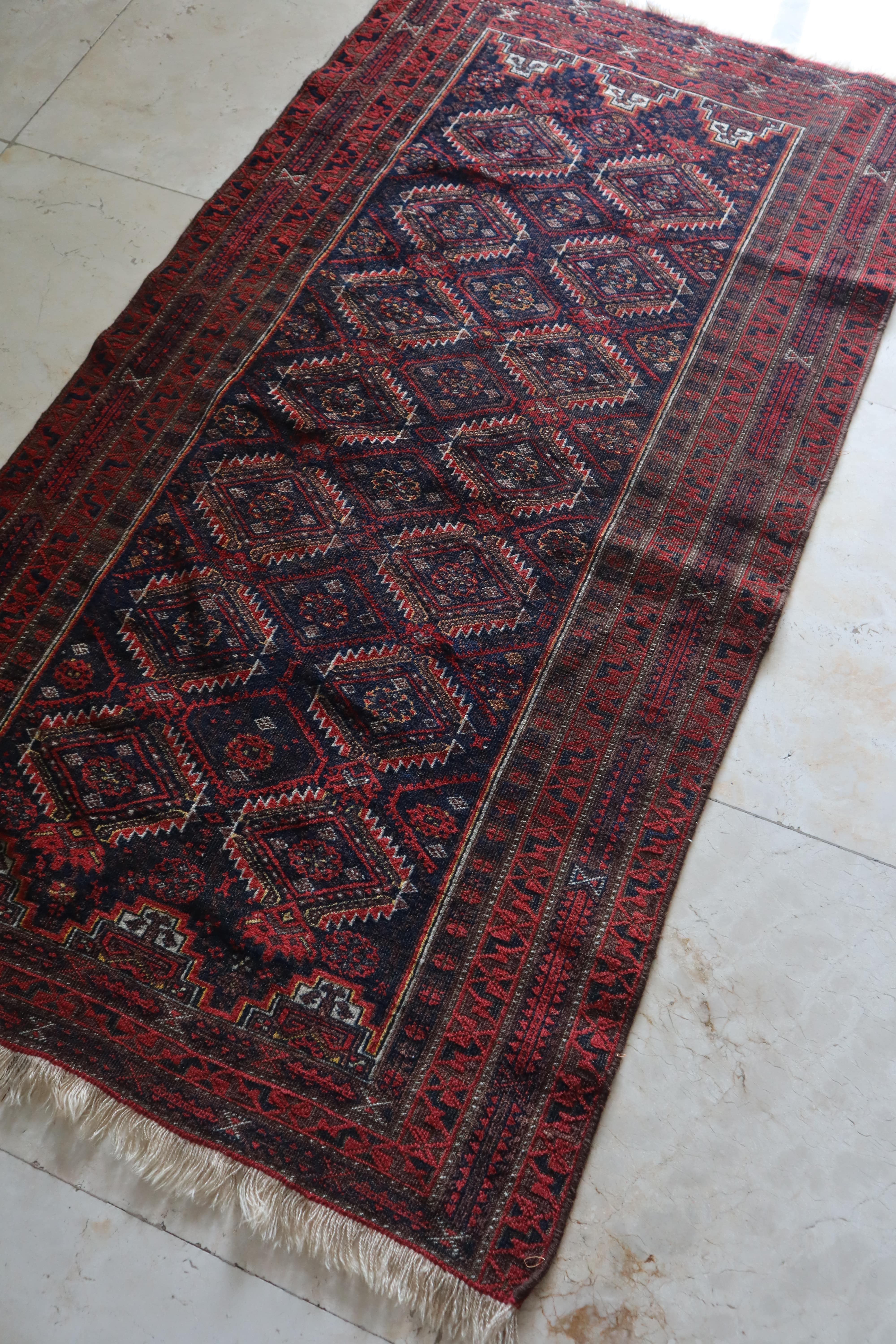 Vintage Baluch Tribal Rug — Deep Indigo & Red Diamonds  — No. 161