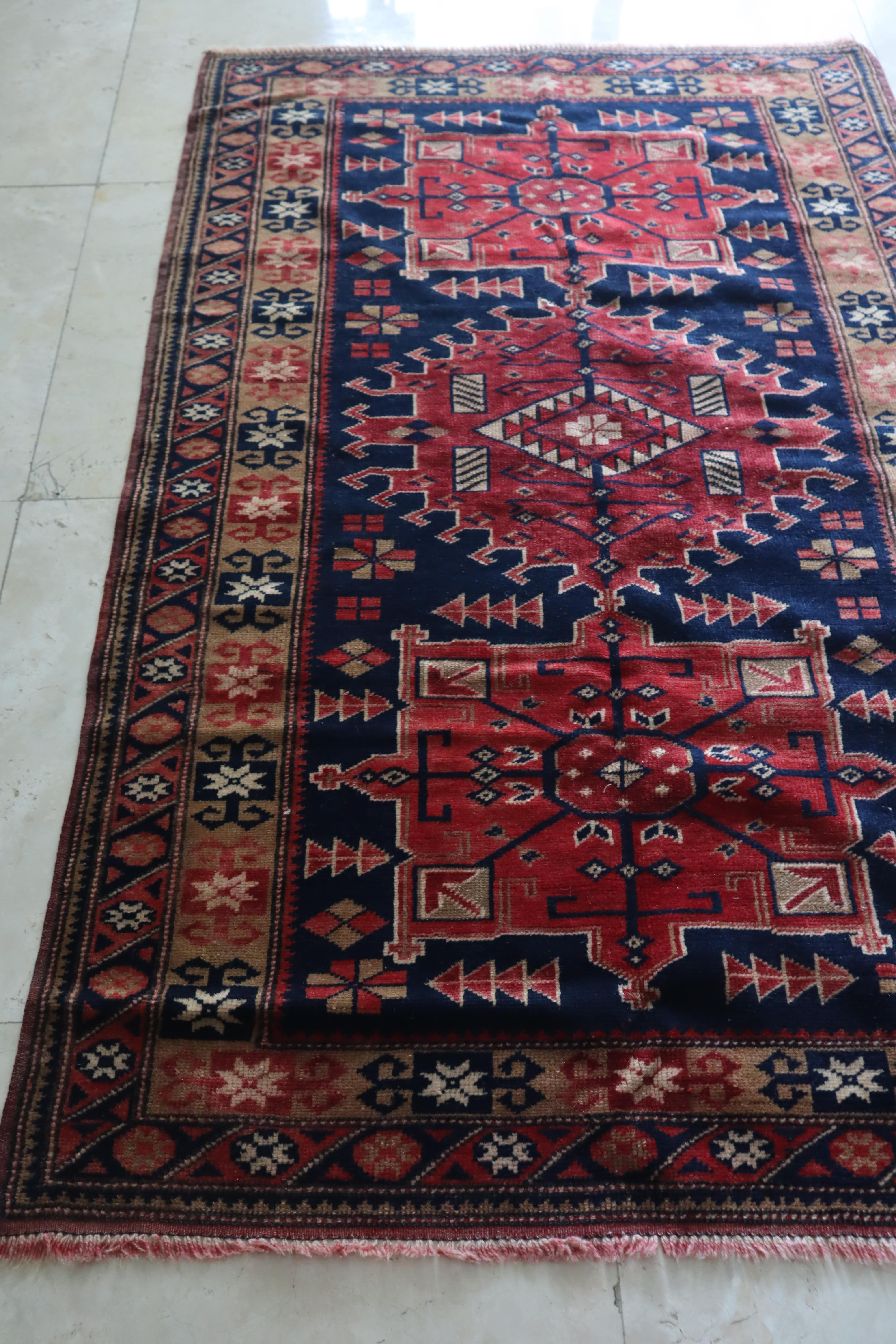 Vintage Caucasian Shirvan Rug — Bold Geometric Medallions on Deep Indigo — No. 159