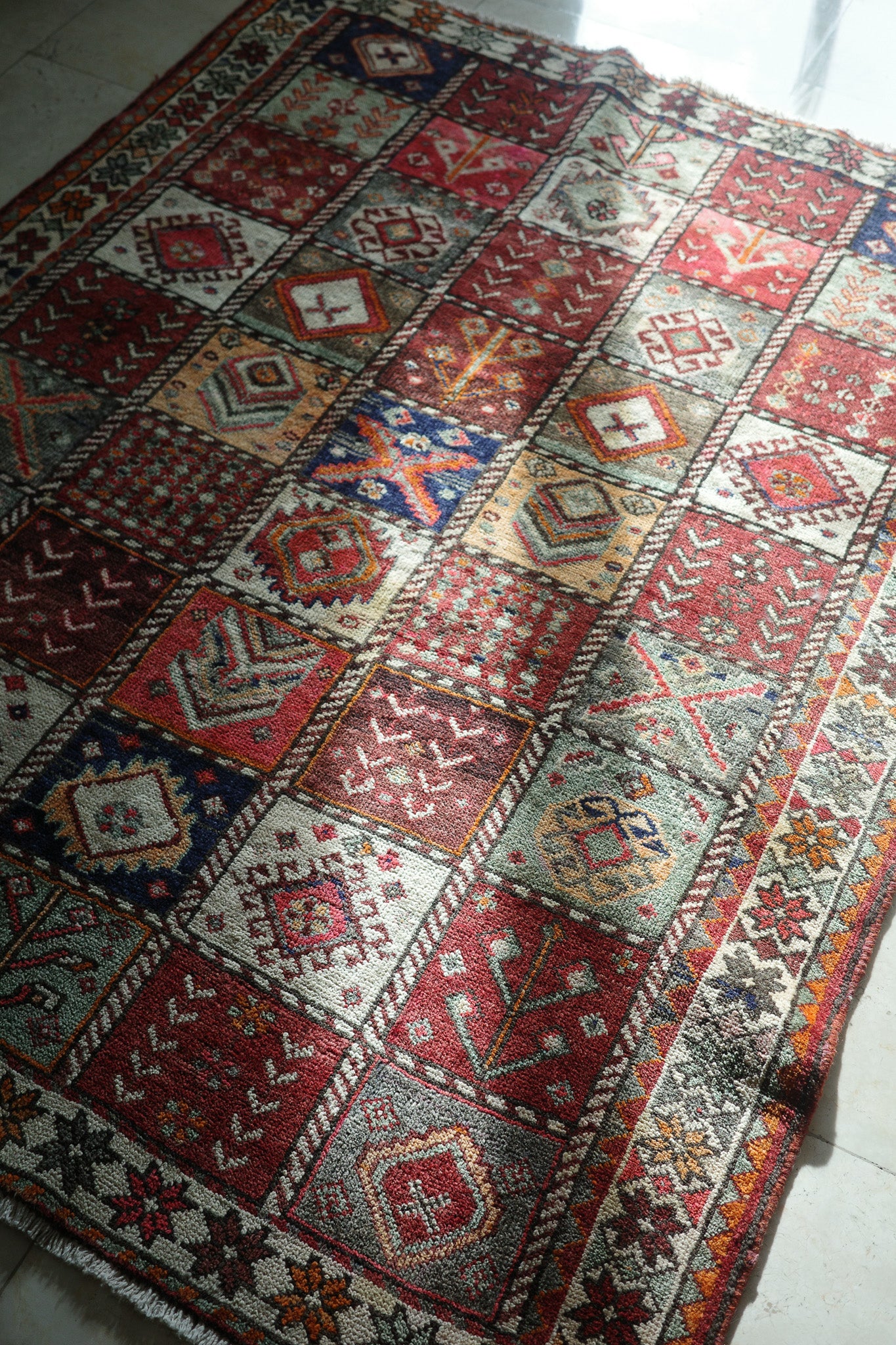 Colorful Caucasian-Style Grid Rug with Tribal Motifs Area Carpet — No.129