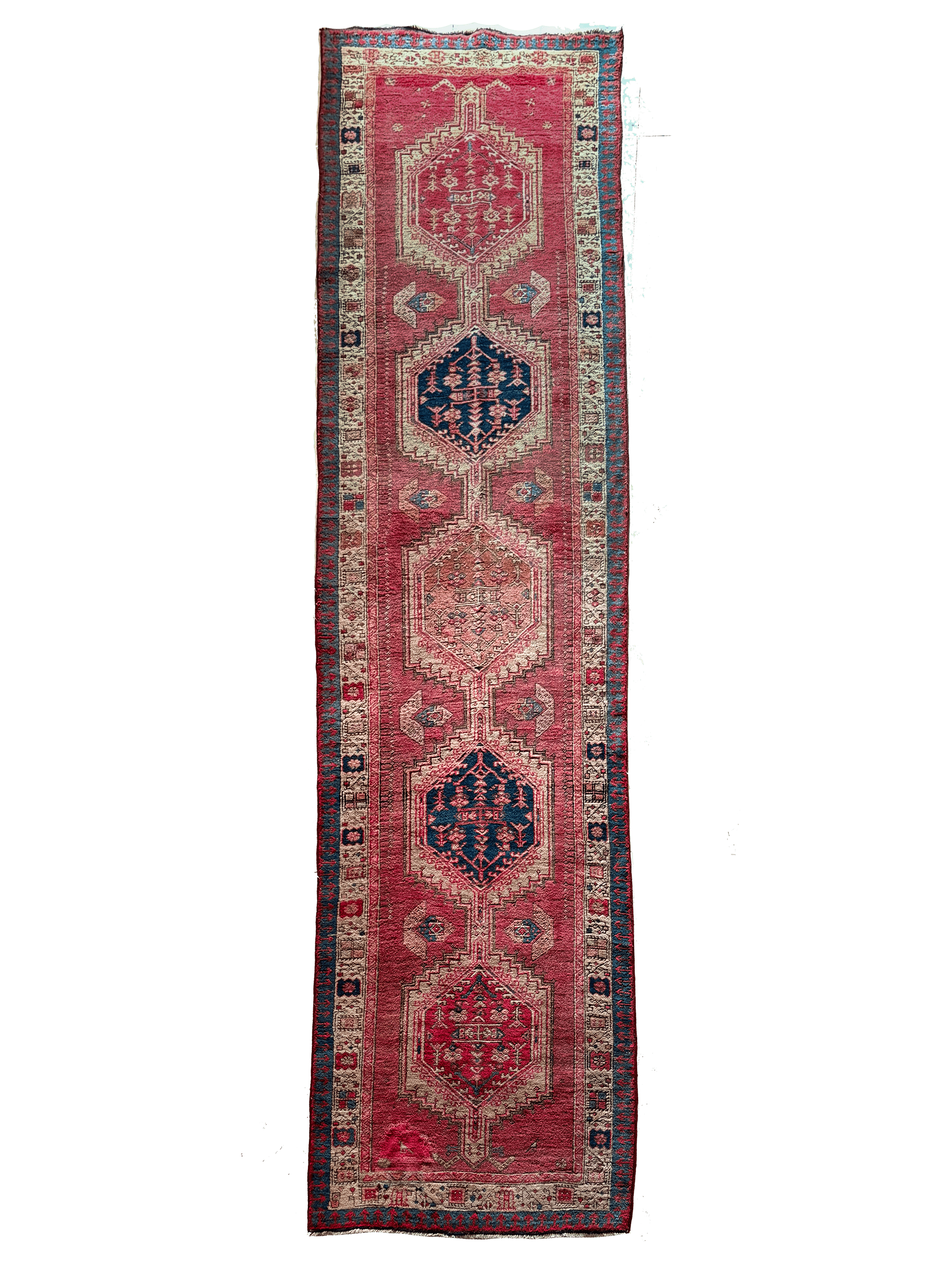 Vintage Persian Hamadan Runner – Hex Medallion Chain in Brick & Navy – No. 146