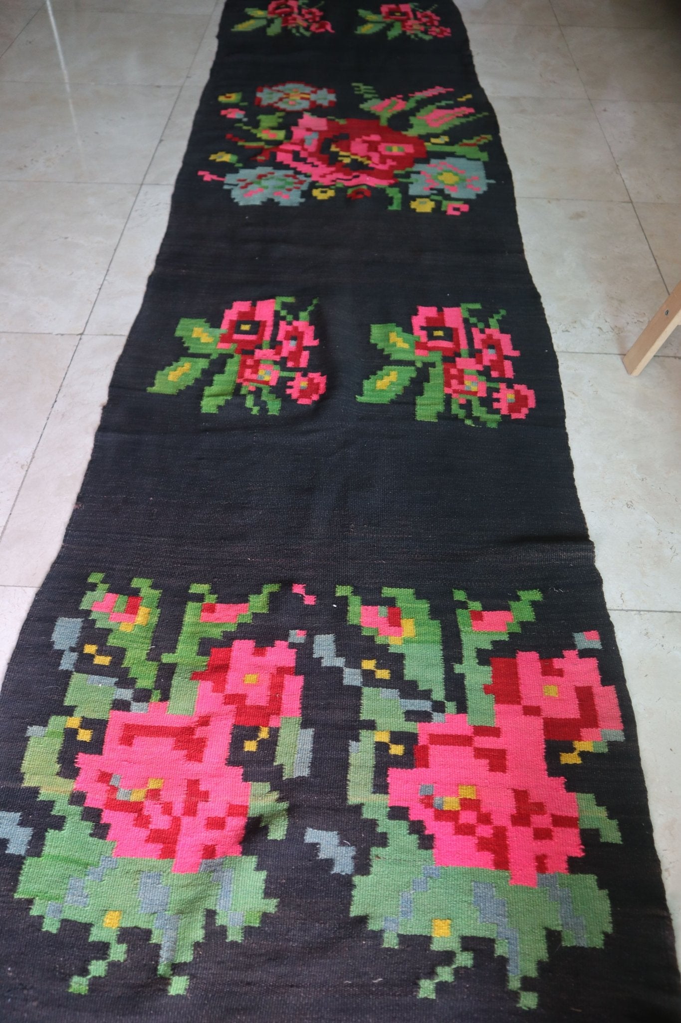 Balkan Floral Kilim Runner — 14.2 x 2.7 — No. 174 - Patina House