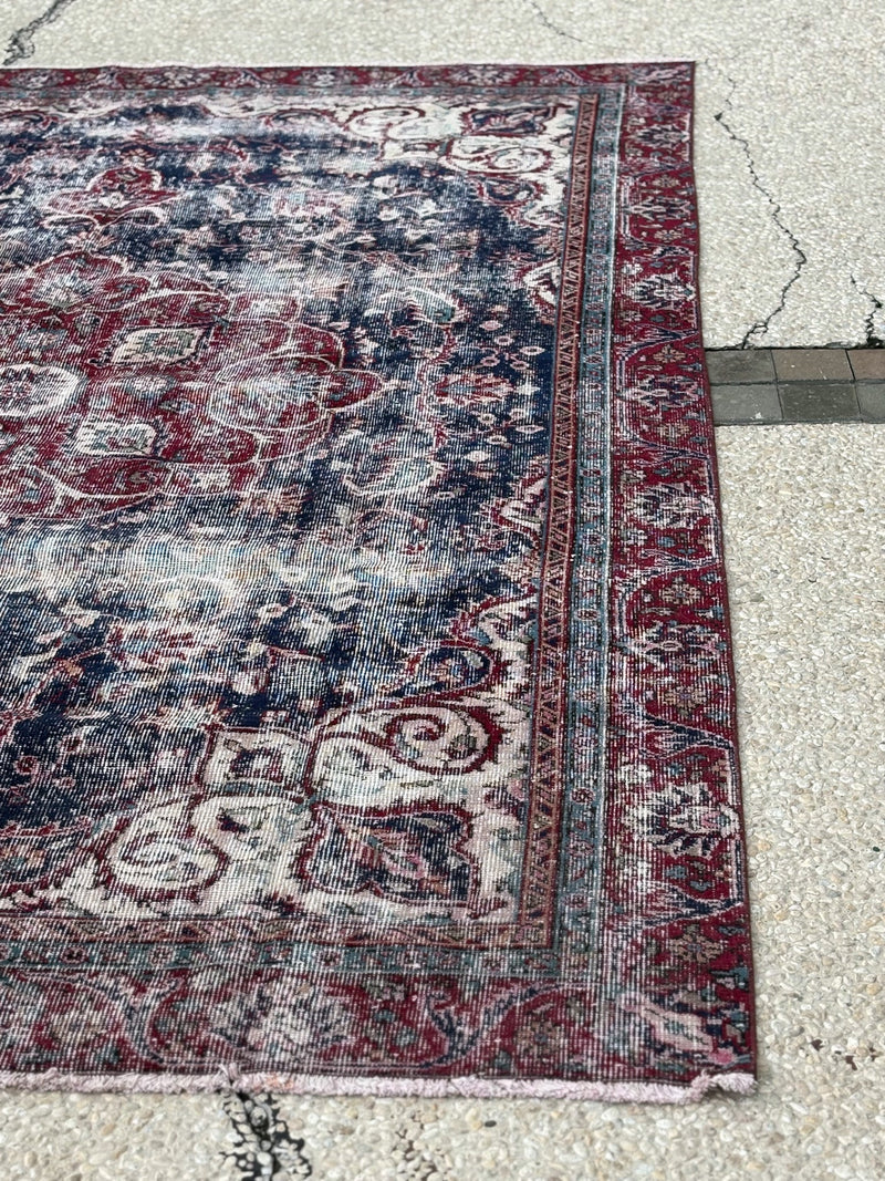 Distressed Persian Kashan Carpet in Deep Red & Navy — No. 134 - Patina House