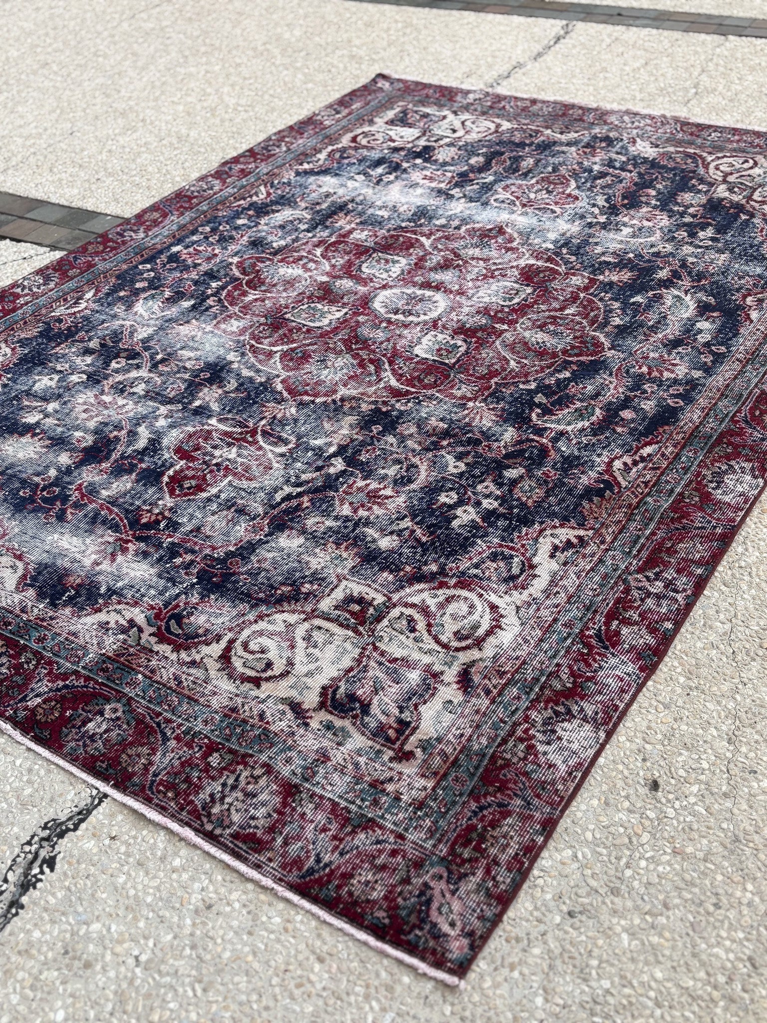 Distressed Persian Kashan Carpet in Deep Red & Navy — No. 134 - Patina House
