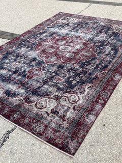 Distressed Persian Kashan Carpet in Deep Red & Navy — No. 134 - Patina House
