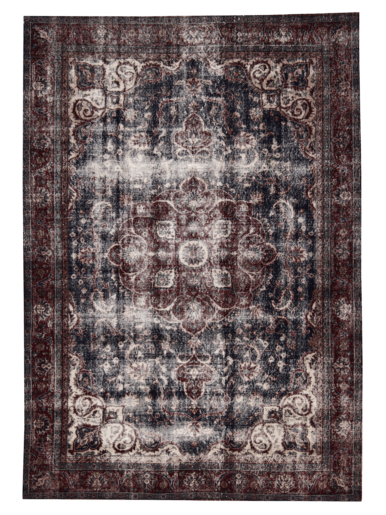 Distressed Persian Kashan Carpet in Deep Red & Navy — No. 134 - Patina House
