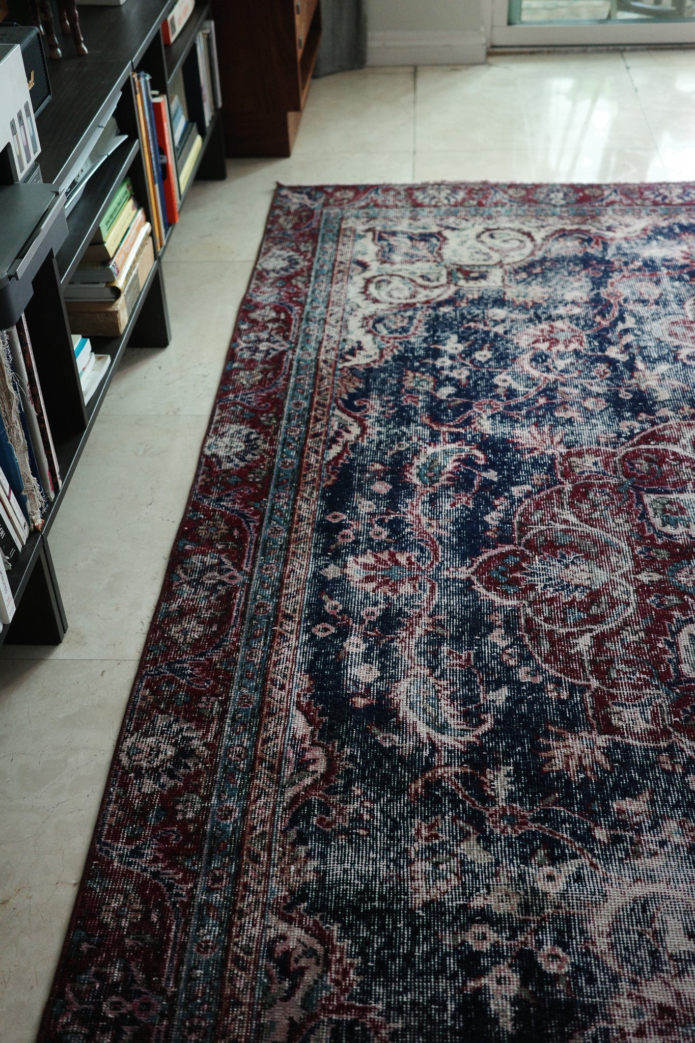 Distressed Persian Kashan Carpet in Deep Red & Navy — No. 134 - Patina House