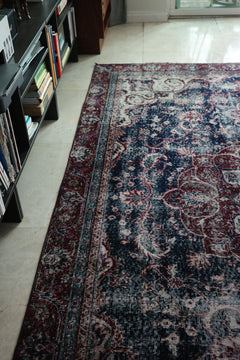 Distressed Persian Kashan Carpet in Deep Red & Navy — No. 134 - Patina House