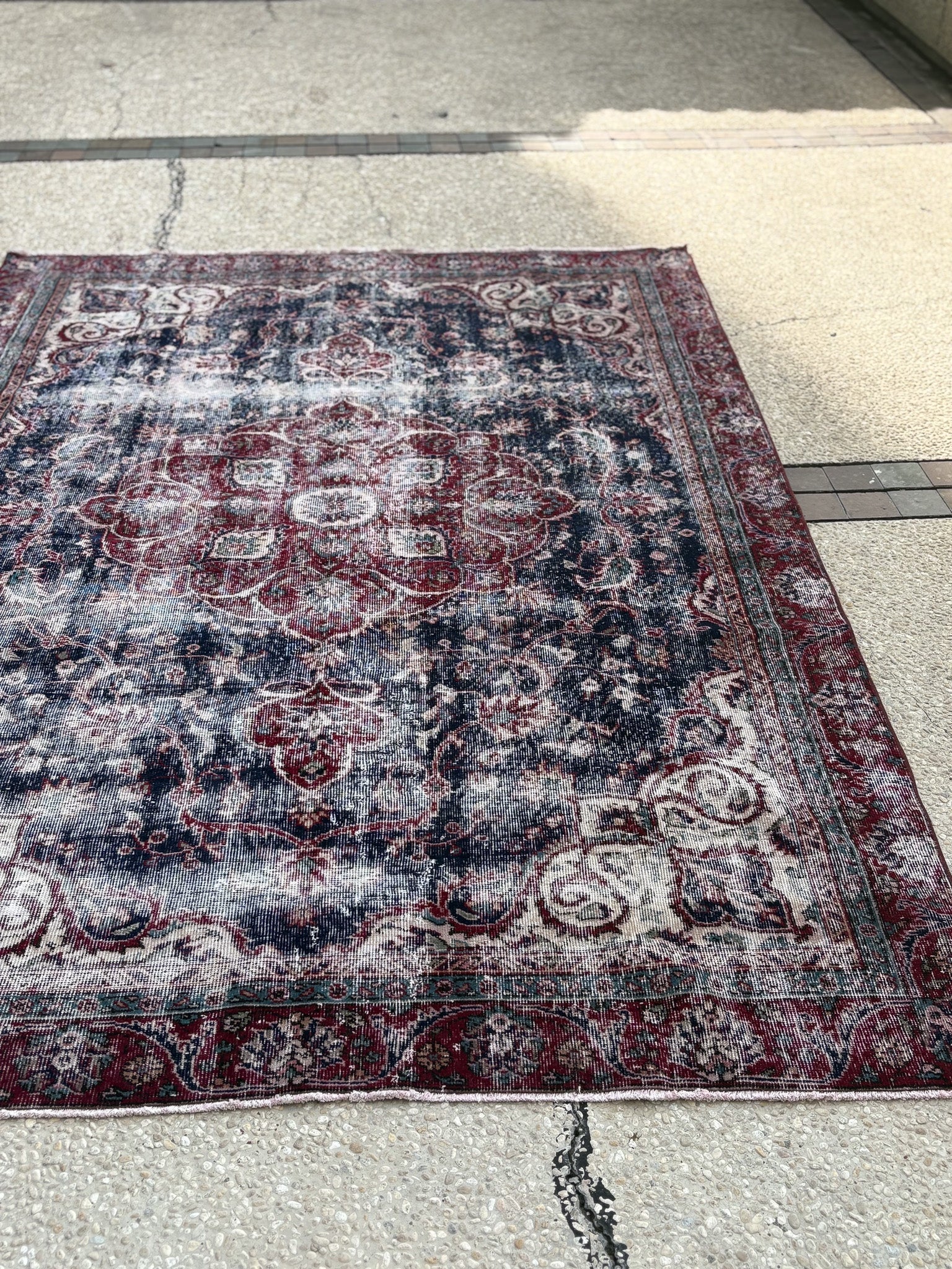 Distressed Persian Kashan Carpet in Deep Red & Navy — No. 134 - Patina House
