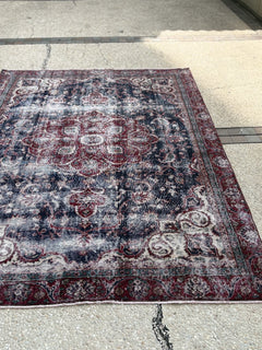 Distressed Persian Kashan Carpet in Deep Red & Navy — No. 134 - Patina House