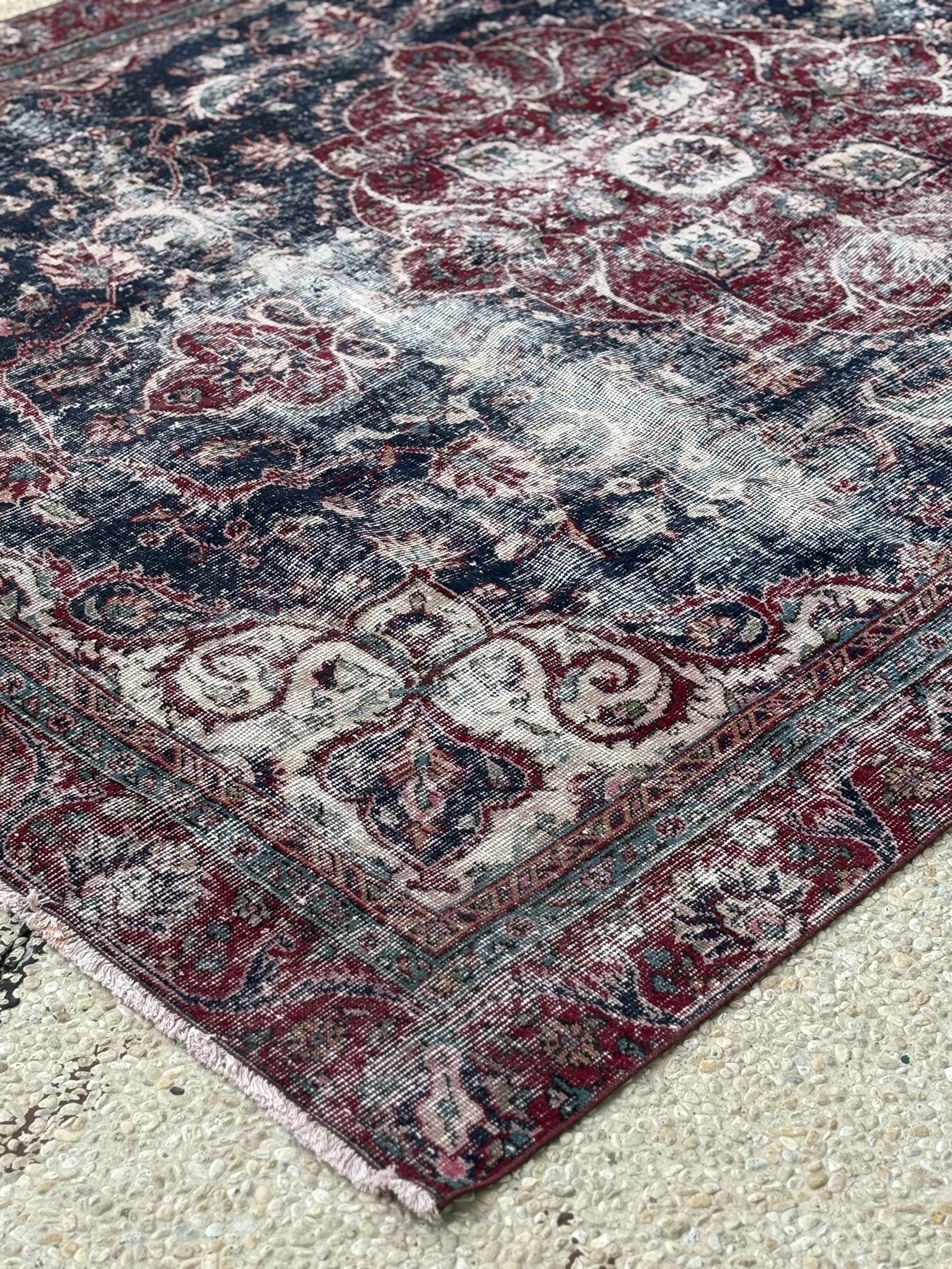Distressed Persian Kashan Carpet in Deep Red & Navy — No. 134 - Patina House