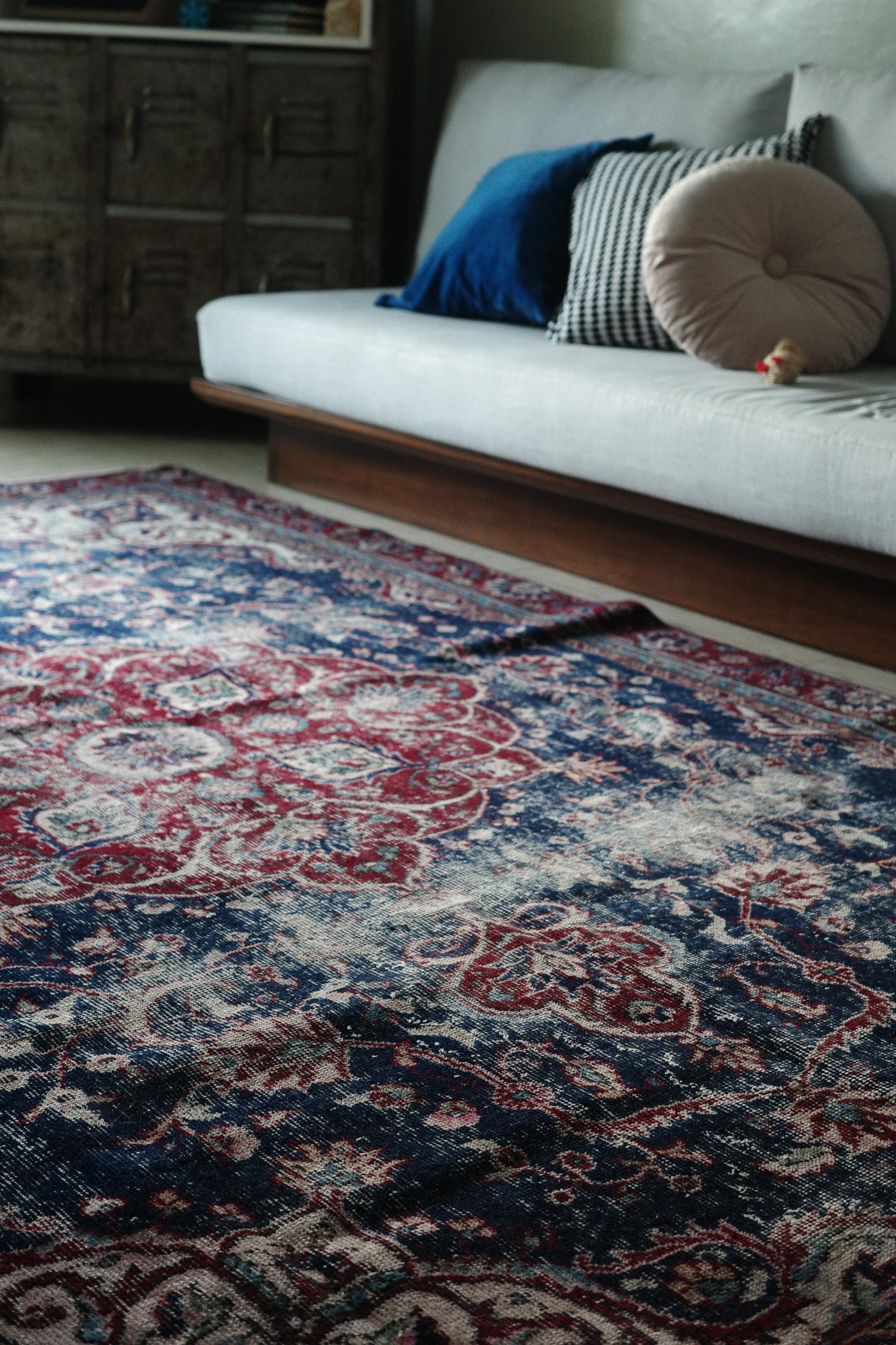 Distressed Persian Kashan Carpet in Deep Red & Navy — No. 134 - Patina House