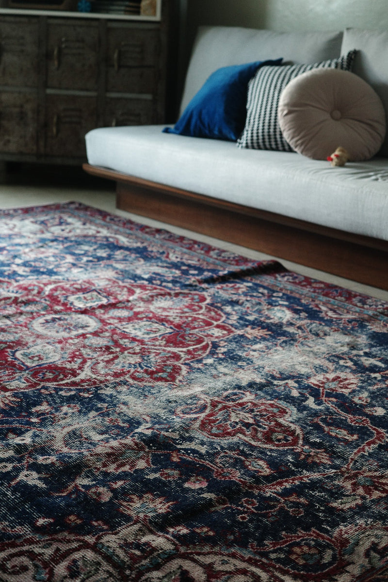 Distressed Persian Kashan Carpet in Deep Red & Navy — No. 134 - Patina House