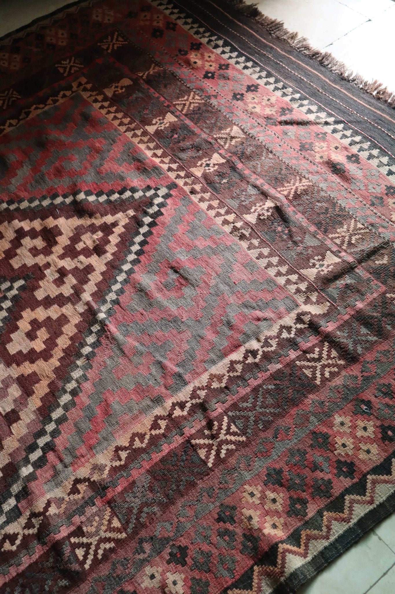 Tribal Flatweave Kilim – Earth - Toned Diamond Pattern – No. 147 - Patina House