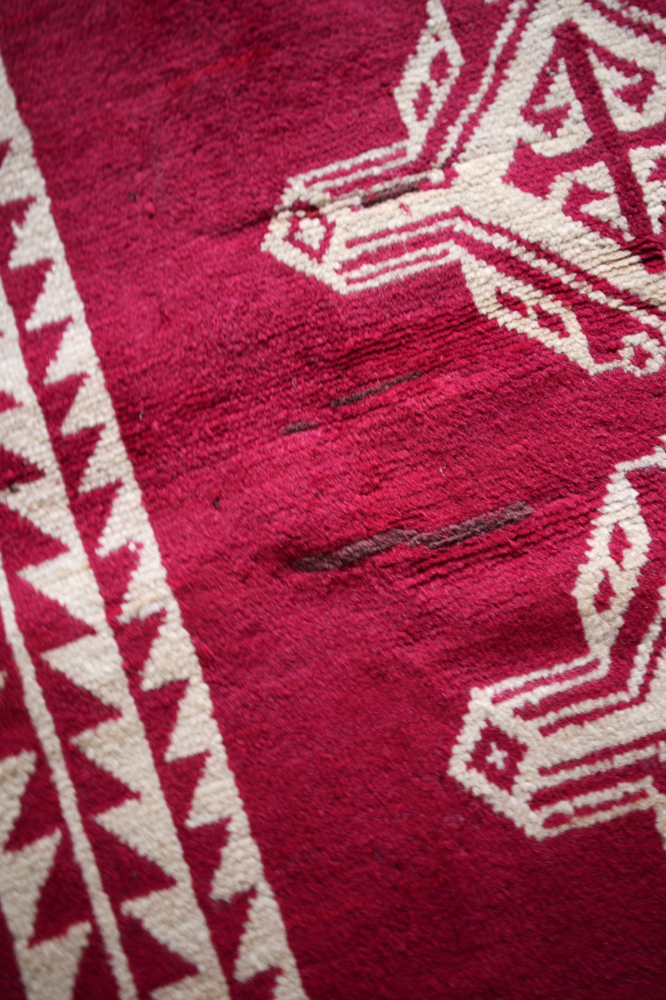 Vintage Afghan Tribal Pile Rug — Magenta with Totemic Ivory Medallions — No. 157 - Patina House