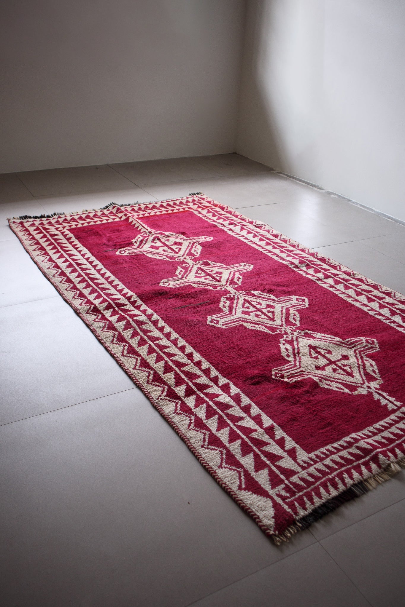 Vintage Afghan Tribal Pile Rug — Magenta with Totemic Ivory Medallions — No. 157 - Patina House