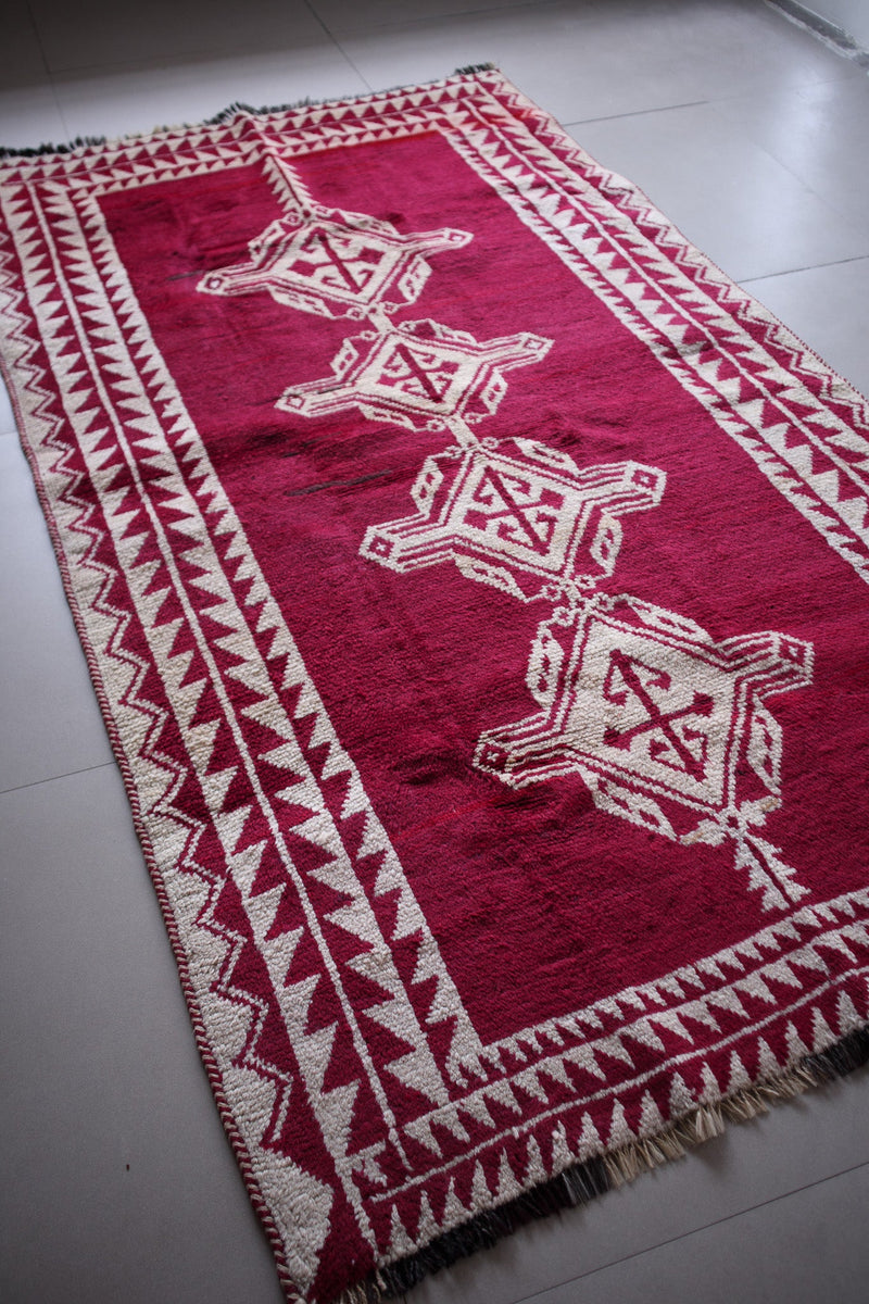 Vintage Afghan Tribal Pile Rug — Magenta with Totemic Ivory Medallions — No. 157 - Patina House