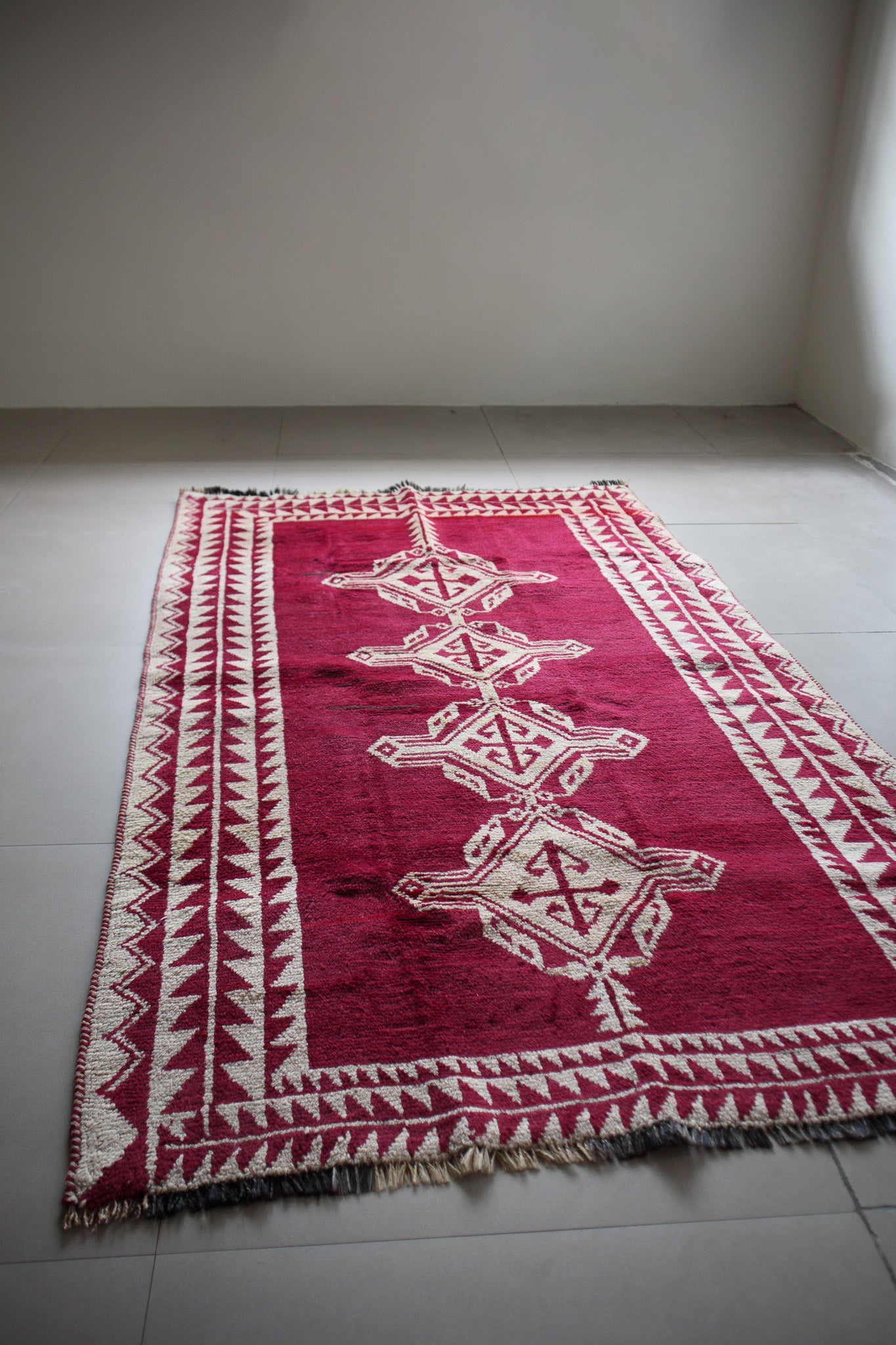 Vintage Afghan Tribal Pile Rug — Magenta with Totemic Ivory Medallions — No. 157 - Patina House