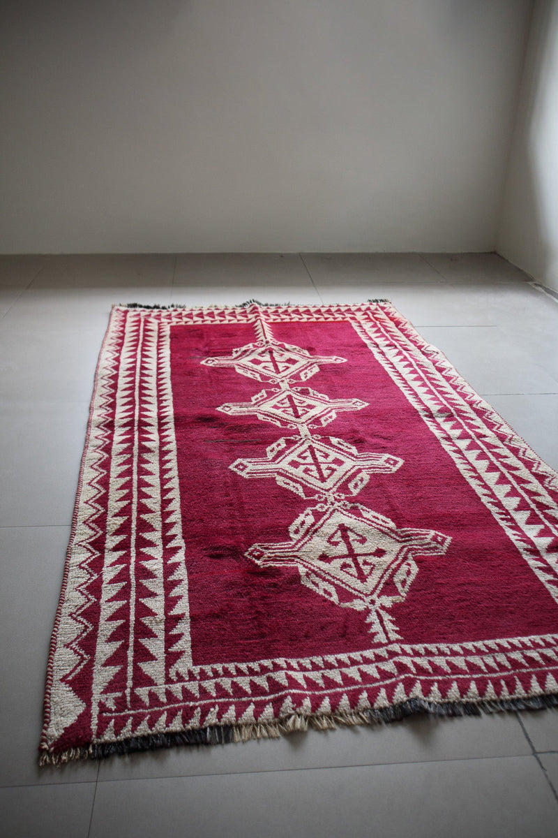 Vintage Afghan Tribal Pile Rug — Magenta with Totemic Ivory Medallions — No. 157 - Patina House