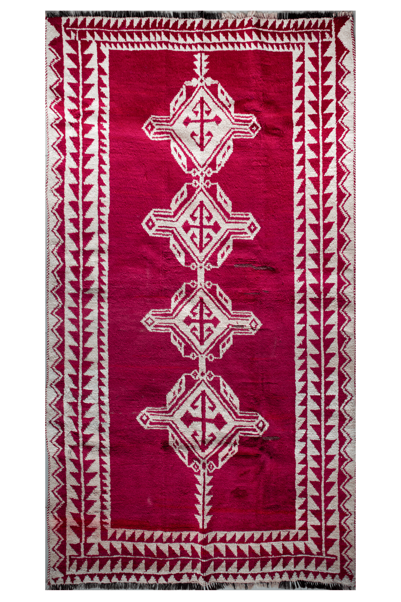 Vintage Afghan Tribal Pile Rug — Magenta with Totemic Ivory Medallions — No. 157 - Patina House