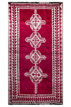 Vintage Afghan Tribal Pile Rug — Magenta with Totemic Ivory Medallions — No. 157 - Patina House