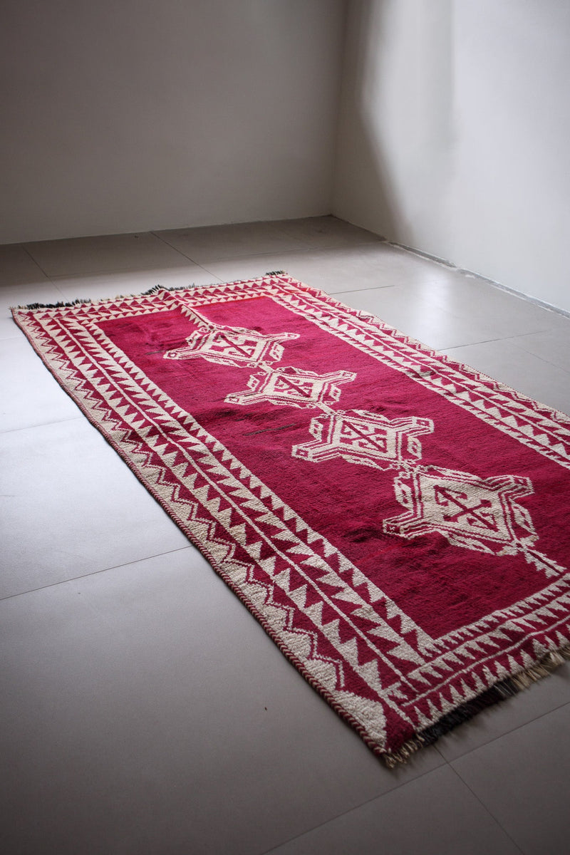 Vintage Afghan Tribal Pile Rug — Magenta with Totemic Ivory Medallions — No. 157 - Patina House
