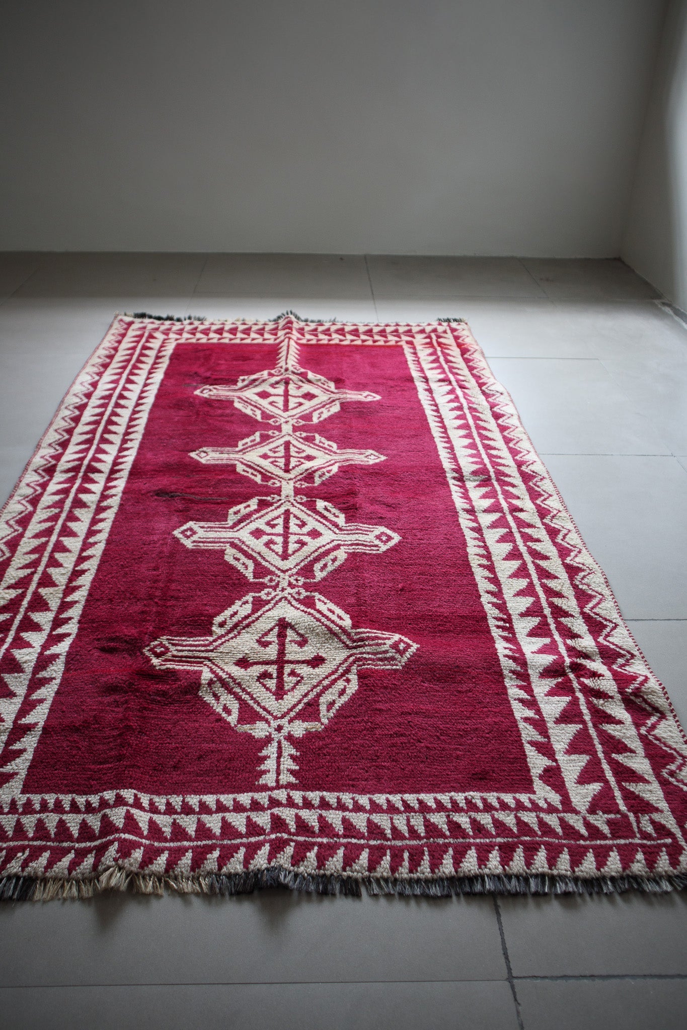 Vintage Afghan Tribal Pile Rug — Magenta with Totemic Ivory Medallions — No. 157 - Patina House