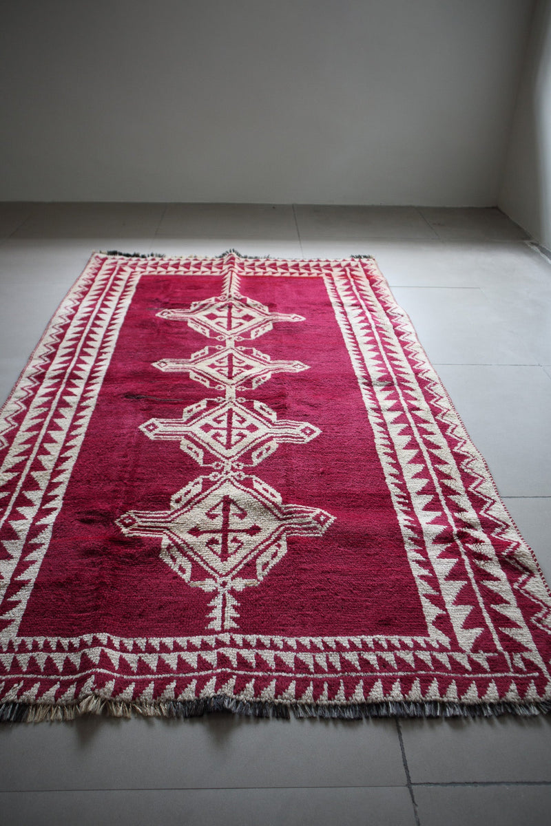 Vintage Afghan Tribal Pile Rug — Magenta with Totemic Ivory Medallions — No. 157 - Patina House