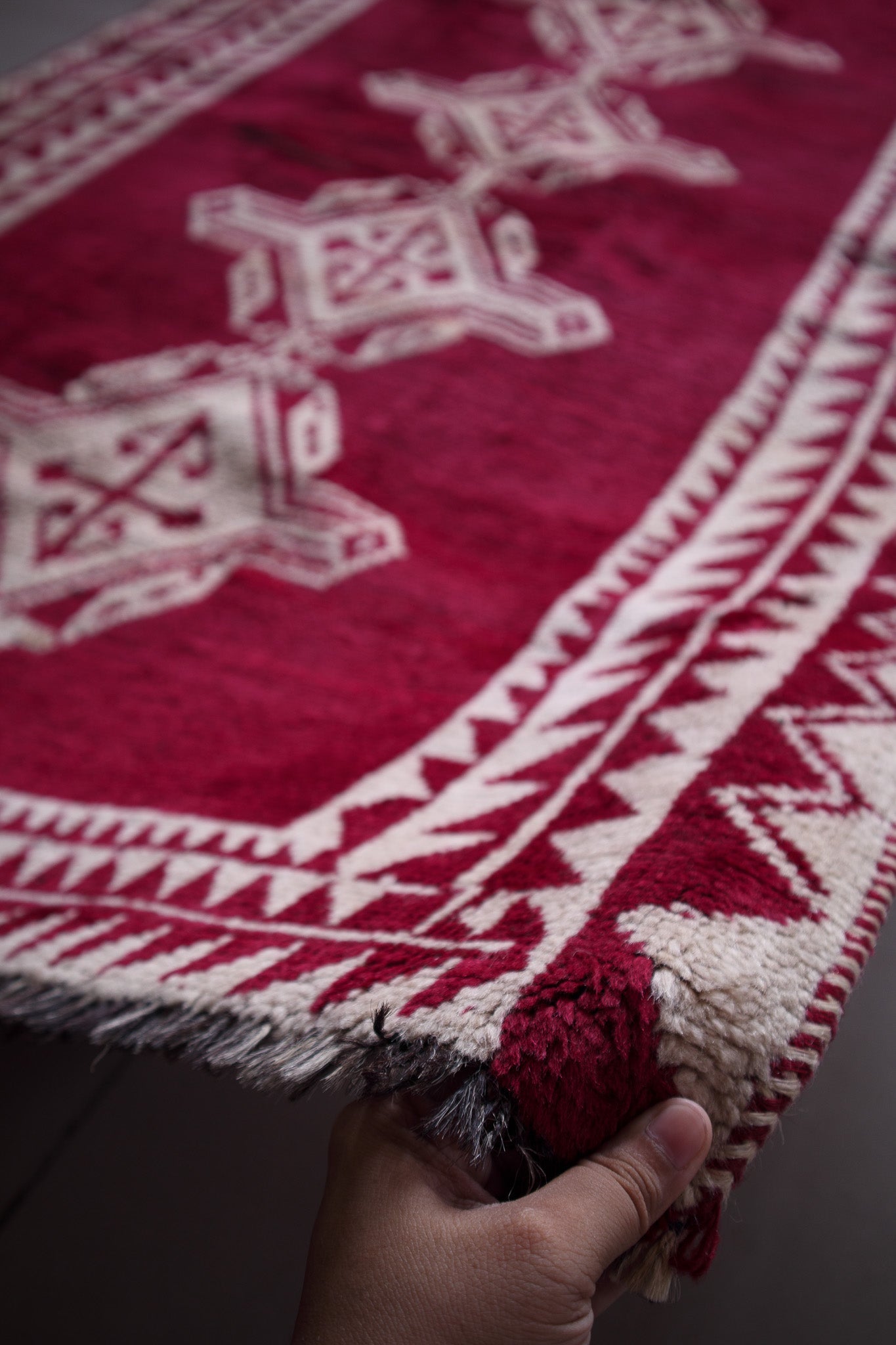 Vintage Afghan Tribal Pile Rug — Magenta with Totemic Ivory Medallions — No. 157 - Patina House