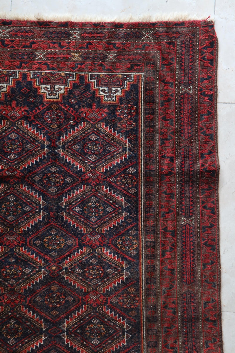 Vintage Baluch Tribal Rug — Deep Indigo & Red Diamonds — No. 161 - Patina House