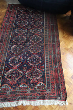Vintage Baluch Tribal Rug — Deep Indigo & Red Diamonds — No. 161 - Patina House