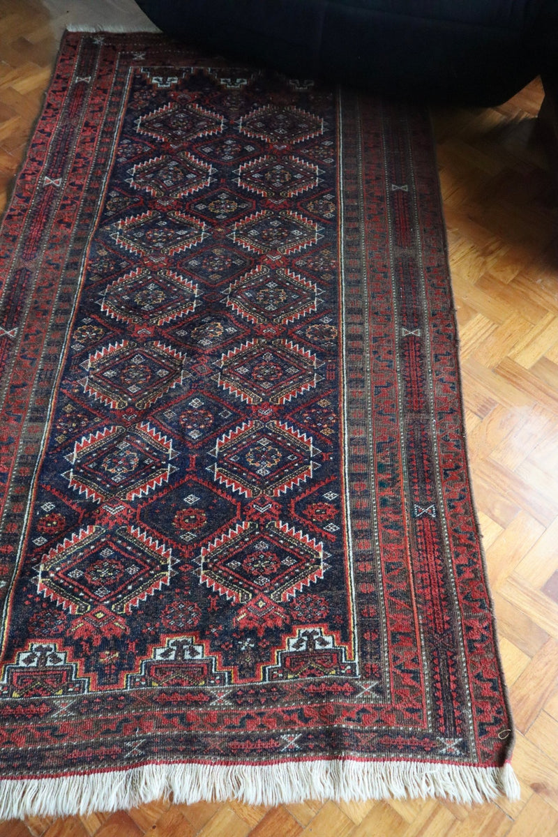 Vintage Baluch Tribal Rug — Deep Indigo & Red Diamonds — No. 161 - Patina House