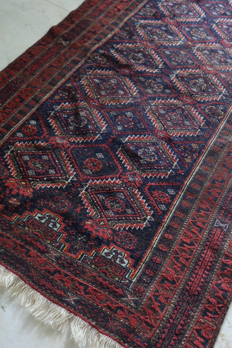 Vintage Baluch Tribal Rug — Deep Indigo & Red Diamonds — No. 161 - Patina House