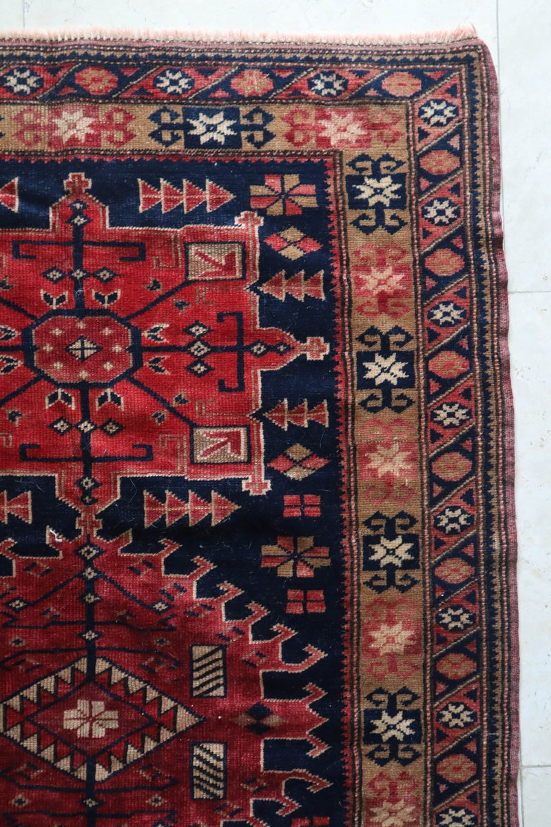 Vintage Caucasian Shirvan Rug — Bold Geometric Medallions on Deep Indigo — No. 159 - Patina House