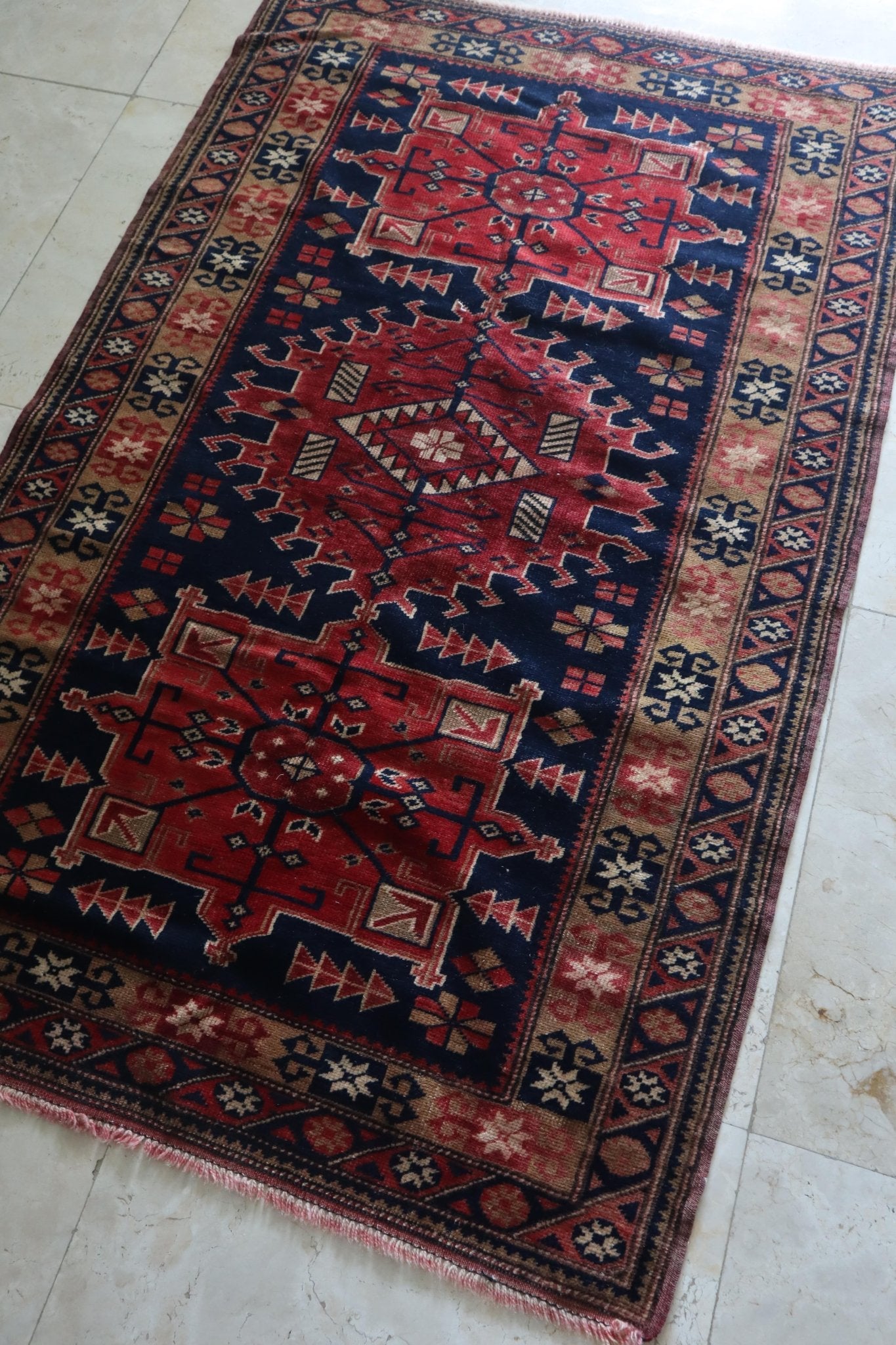 Vintage Caucasian Shirvan Rug — Bold Geometric Medallions on Deep Indigo — No. 159 - Patina House