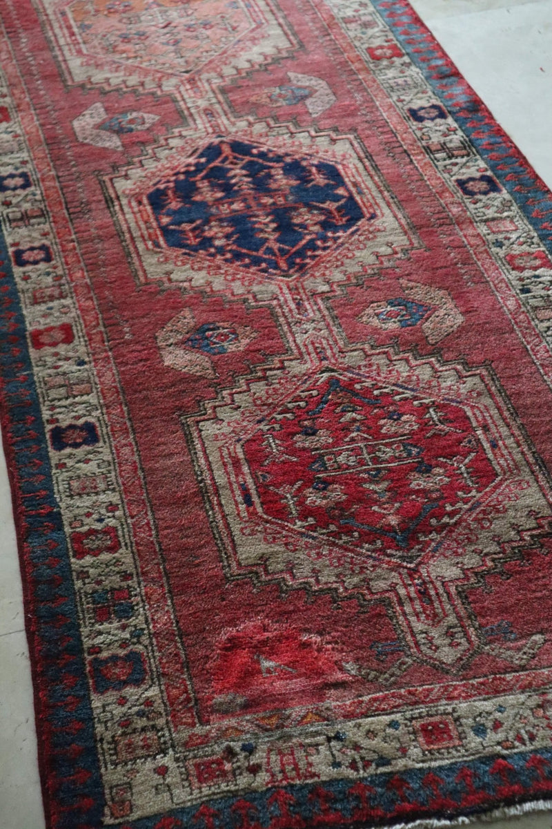 Vintage Persian Hamadan Runner – Hex Medallion Chain in Brick & Navy – No. 146 - Patina House