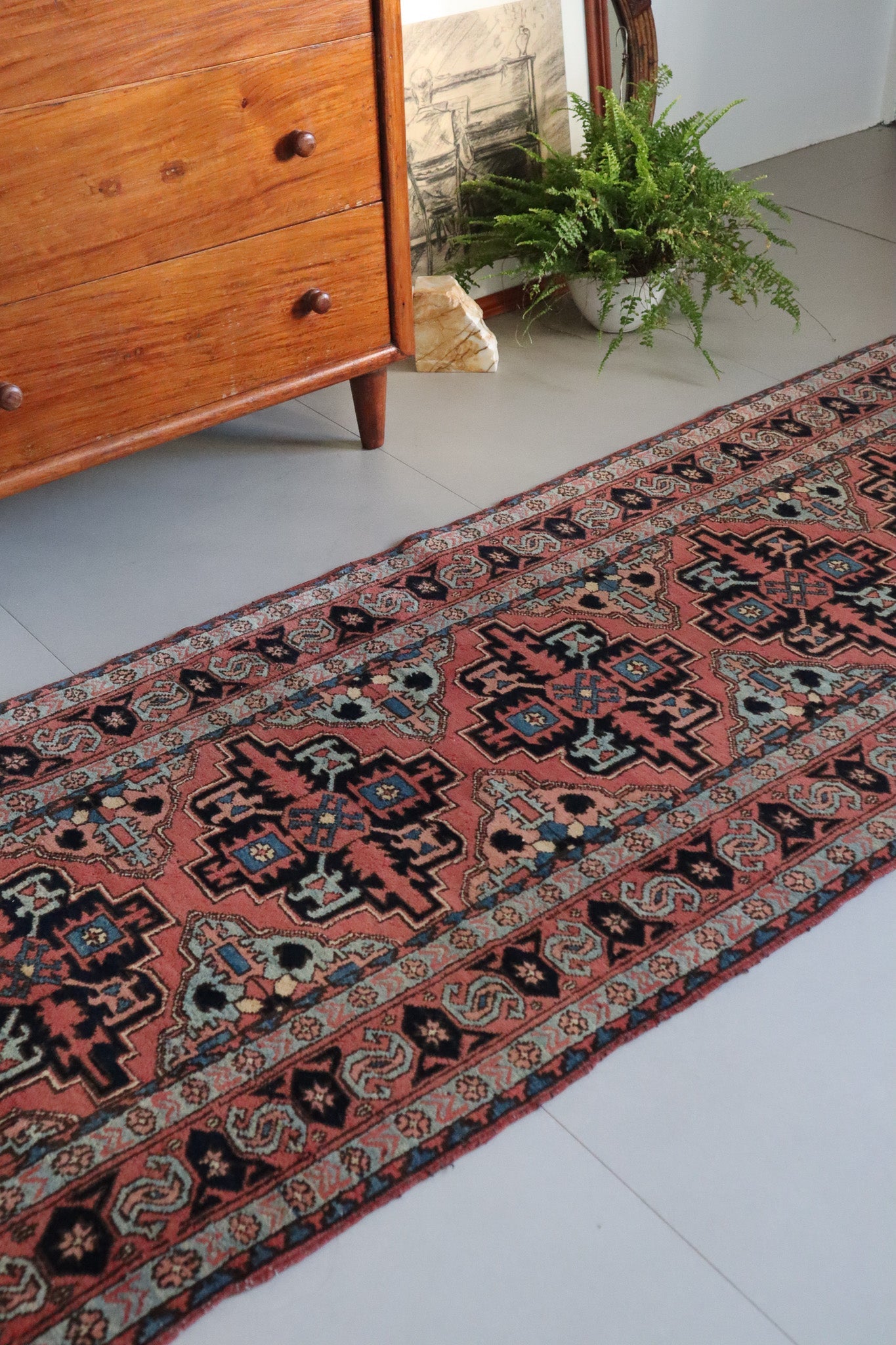 Vintage Persian Heriz Runner — Terracotta Field with Sky - Blue Accents — No. 157 - Patina House