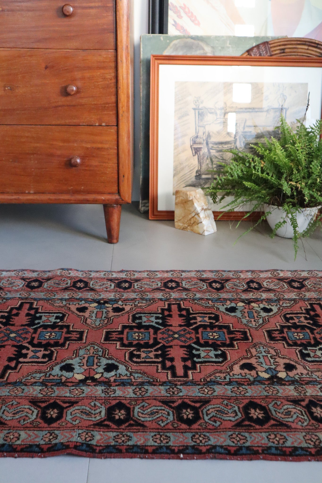 Vintage Persian Heriz Runner — Terracotta Field with Sky - Blue Accents — No. 157 - Patina House