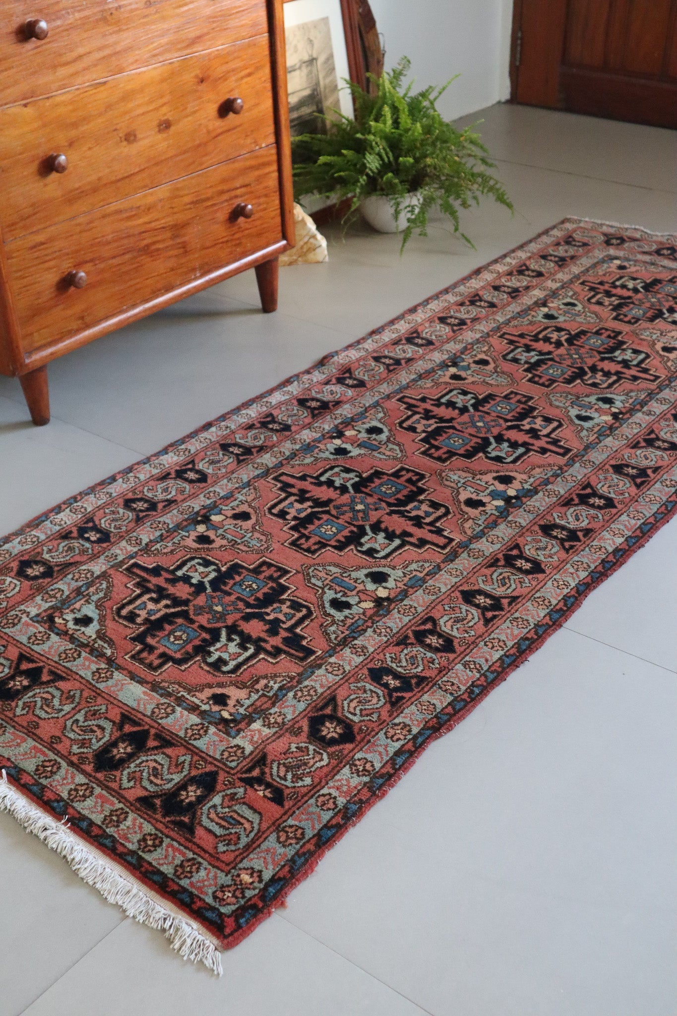 Vintage Persian Heriz Runner — Terracotta Field with Sky - Blue Accents — No. 157 - Patina House