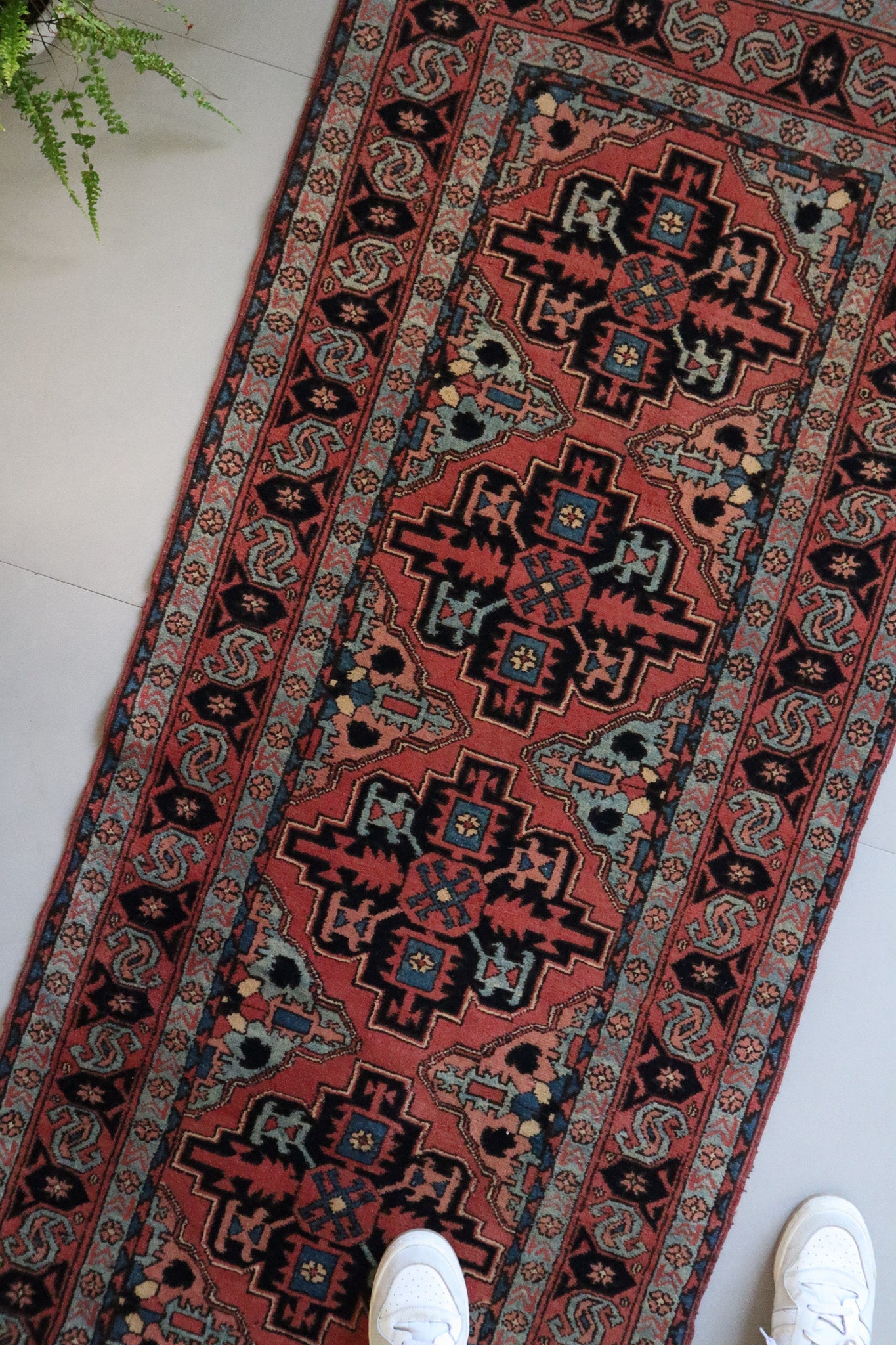 Vintage Persian Heriz Runner — Terracotta Field with Sky - Blue Accents — No. 157 - Patina House