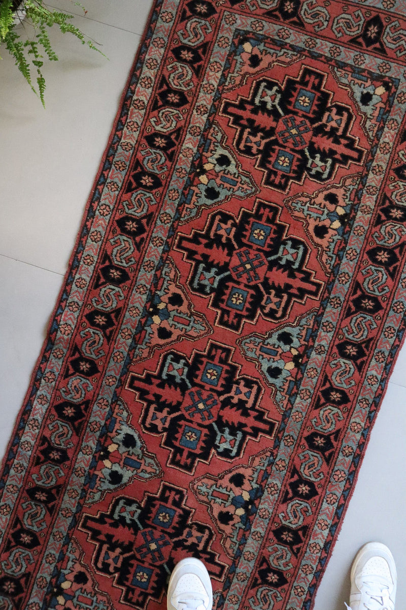 Vintage Persian Heriz Runner — Terracotta Field with Sky - Blue Accents — No. 157 - Patina House