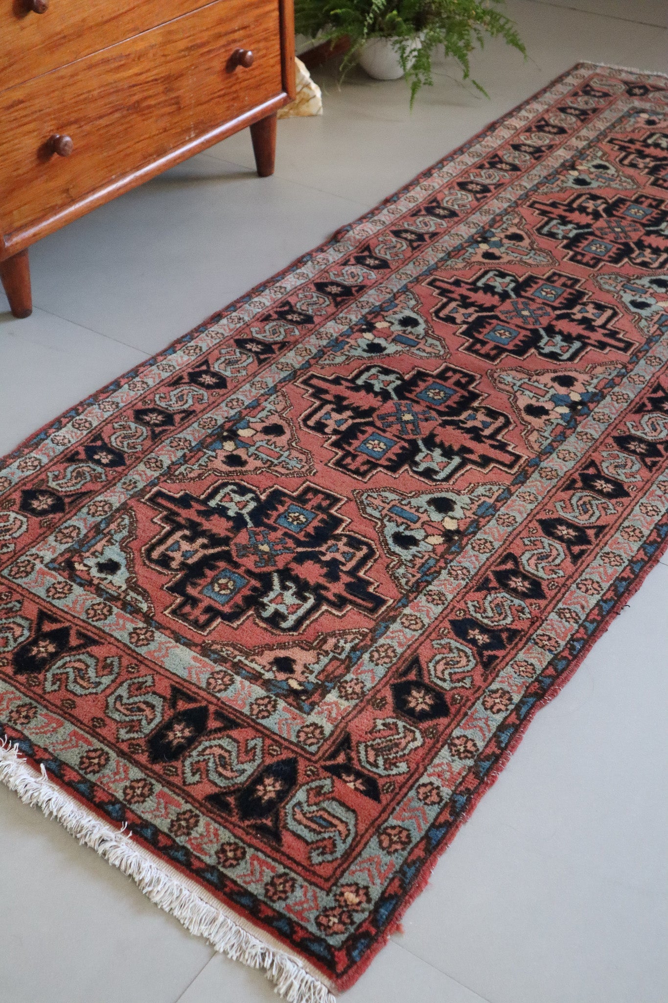 Vintage Persian Heriz Runner — Terracotta Field with Sky - Blue Accents — No. 157 - Patina House