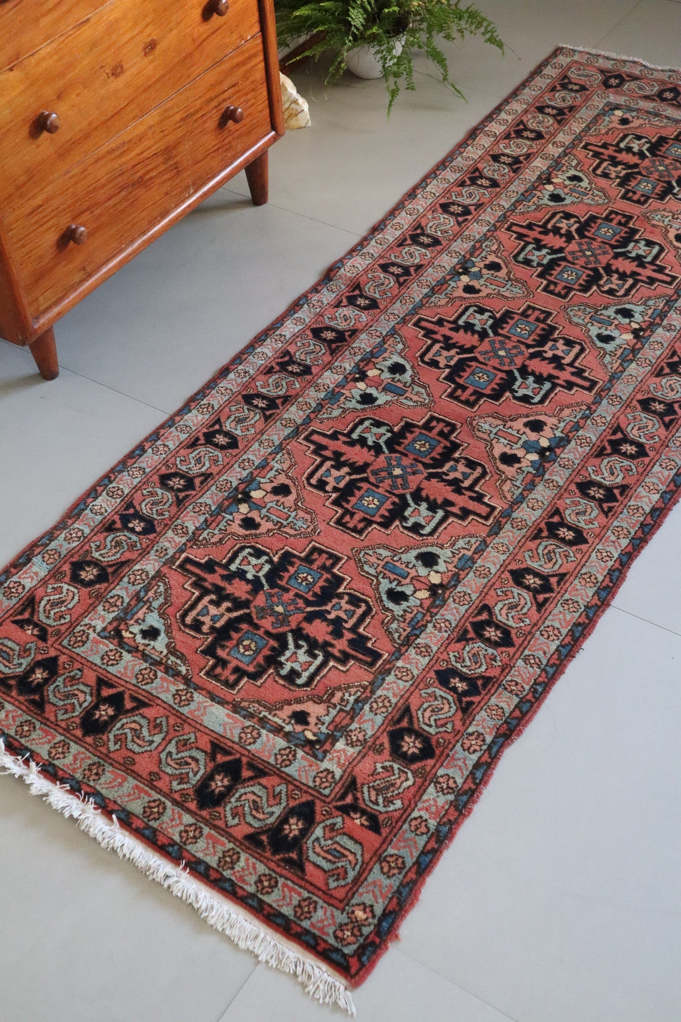 Vintage Persian Heriz Runner — Terracotta Field with Sky - Blue Accents — No. 157 - Patina House