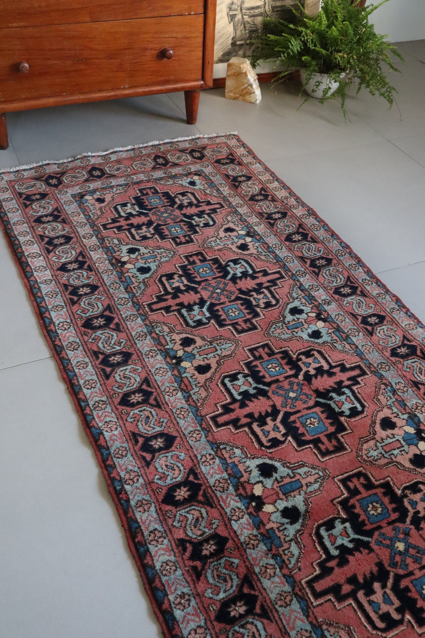 Vintage Persian Heriz Runner — Terracotta Field with Sky - Blue Accents — No. 157 - Patina House